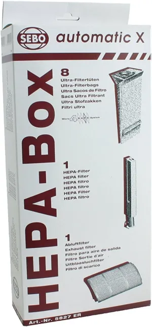 SEBO 5827ER HEPA Service Box for X Series Vacuum with 8 Ultra Bags, Exhaust Filter and HEPA Microfilter