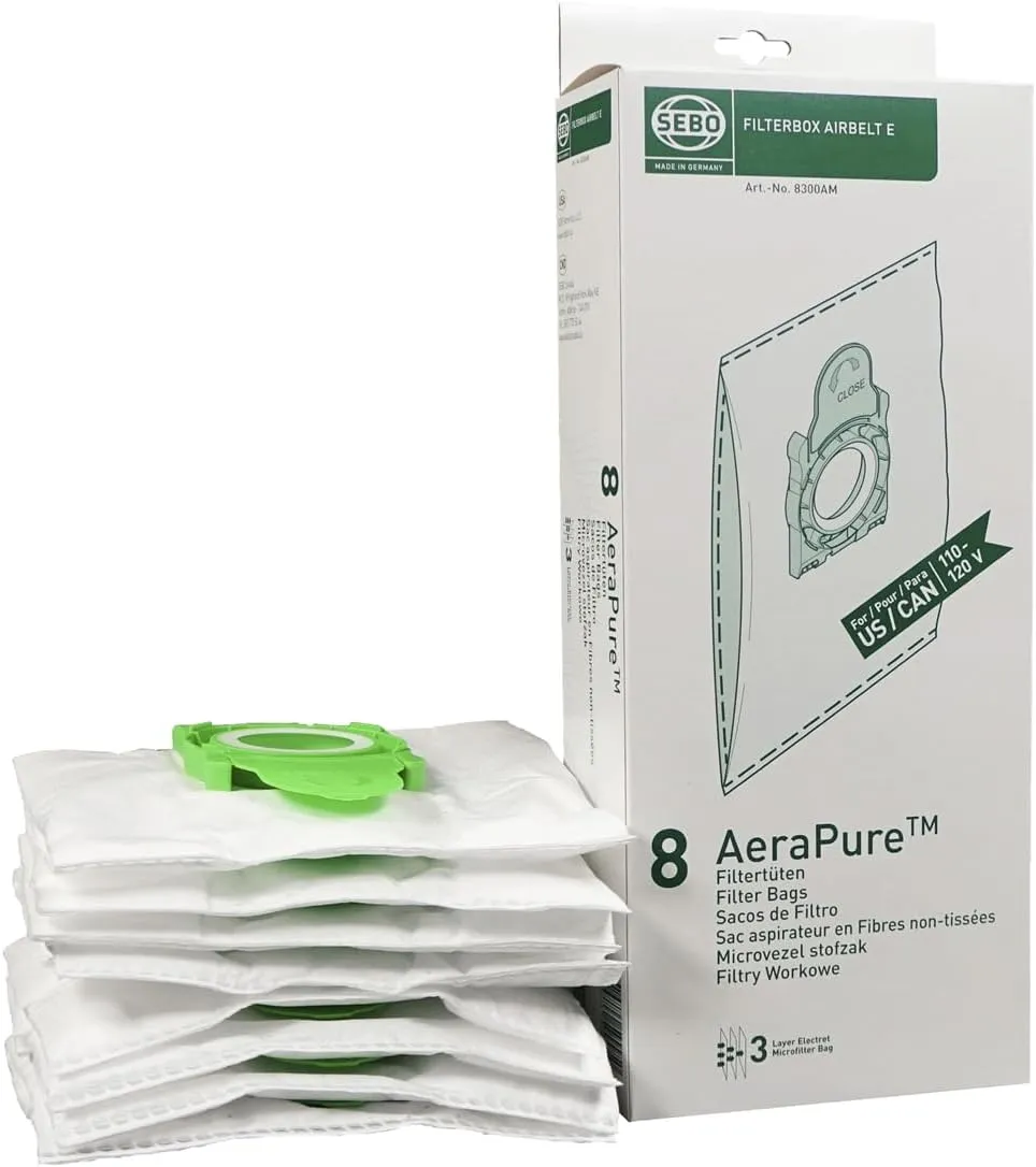 SEBO Filter Bag Box Airbelt E, 8 Three-Layer Ultra Bags with caps #8300AM