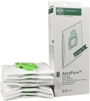 SEBO Filter Bag Box Airbelt E, 8 Three-Layer Ultra Bags with caps #8300AM