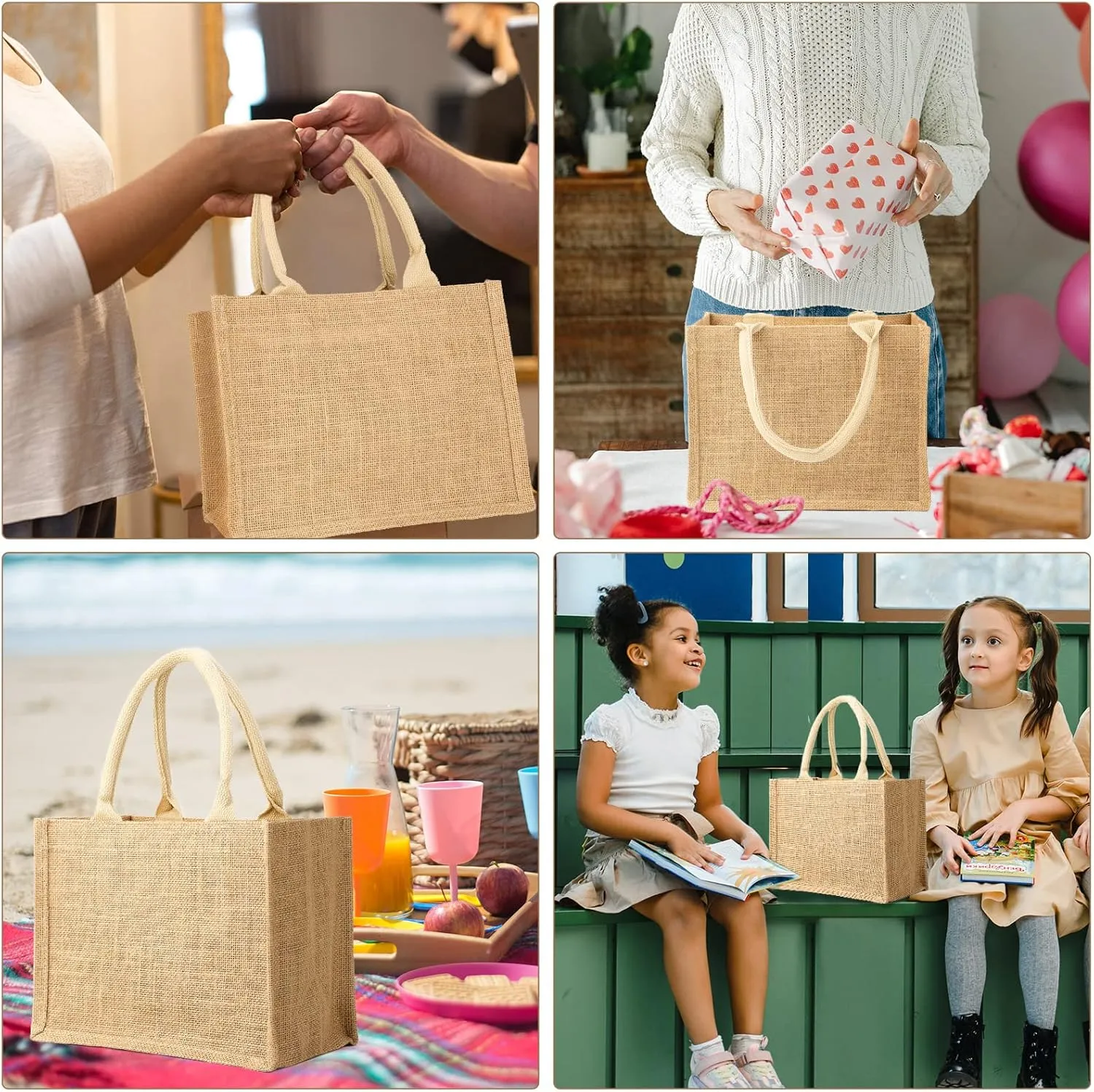 Segarty Burlap Tote Bags, 6 Pcs Small Natural Jute Reusable Gift Favors Bag with handles Blank Tote Bulk for Bridesmaid Wedding, Women Market Grocery Shopping, Bachelorette Party, Beach Trip, DIY