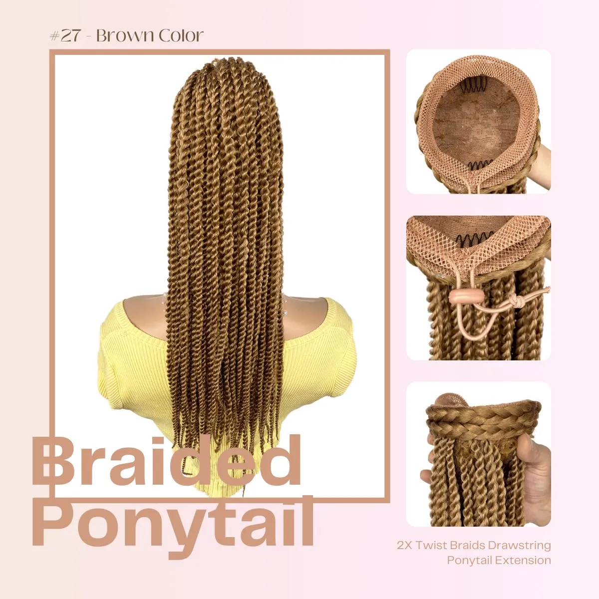 Senegalese Twist Braid Ponytail 20inch, Light Brown Long 2X Twist Braiding Hair Drawstring Ponytail Extension Hairpiece Crochet Braids Clip-in Braided Pony Tail for Black Women(27#, 20")