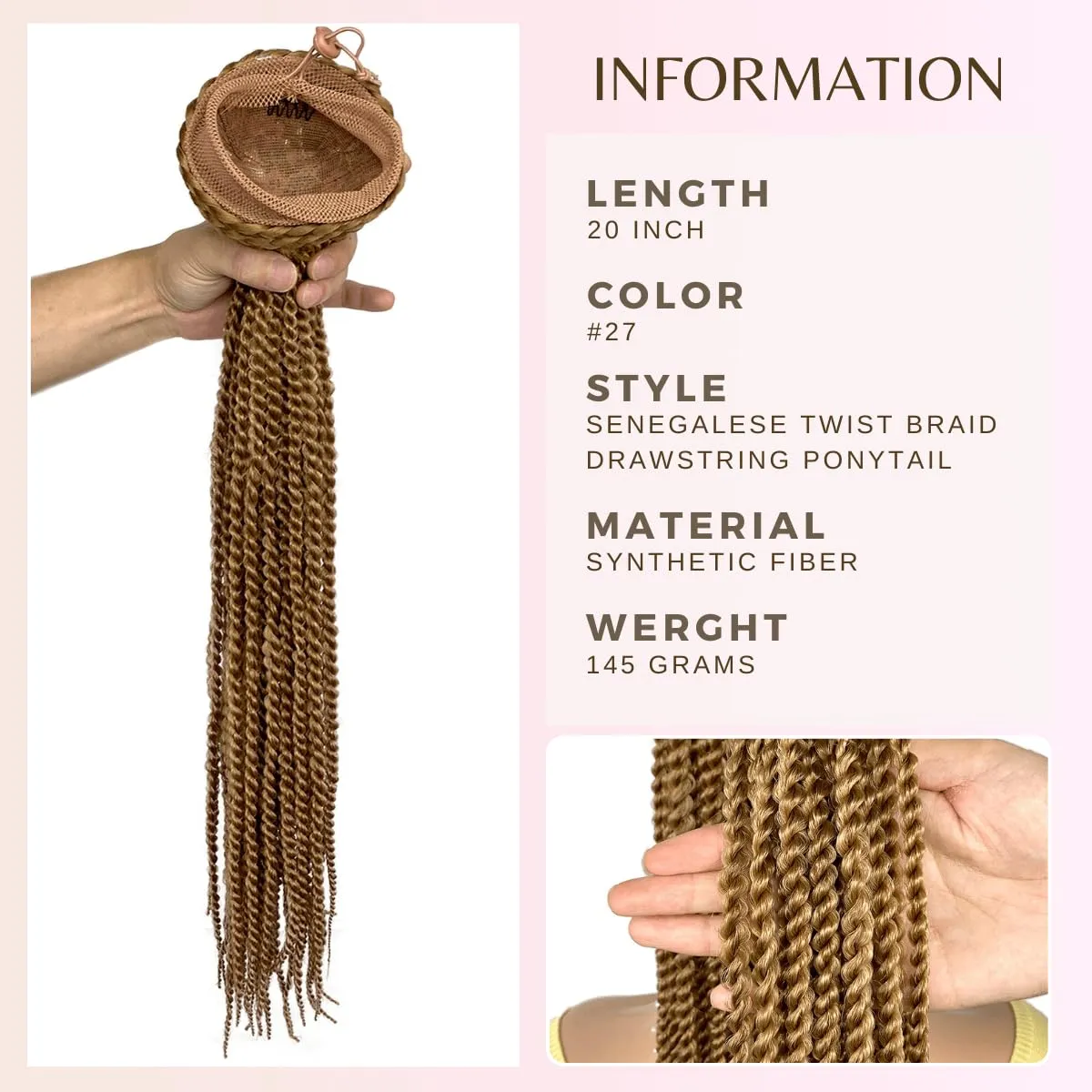 Senegalese Twist Braid Ponytail 20inch, Light Brown Long 2X Twist Braiding Hair Drawstring Ponytail Extension Hairpiece Crochet Braids Clip-in Braided Pony Tail for Black Women(27#, 20")