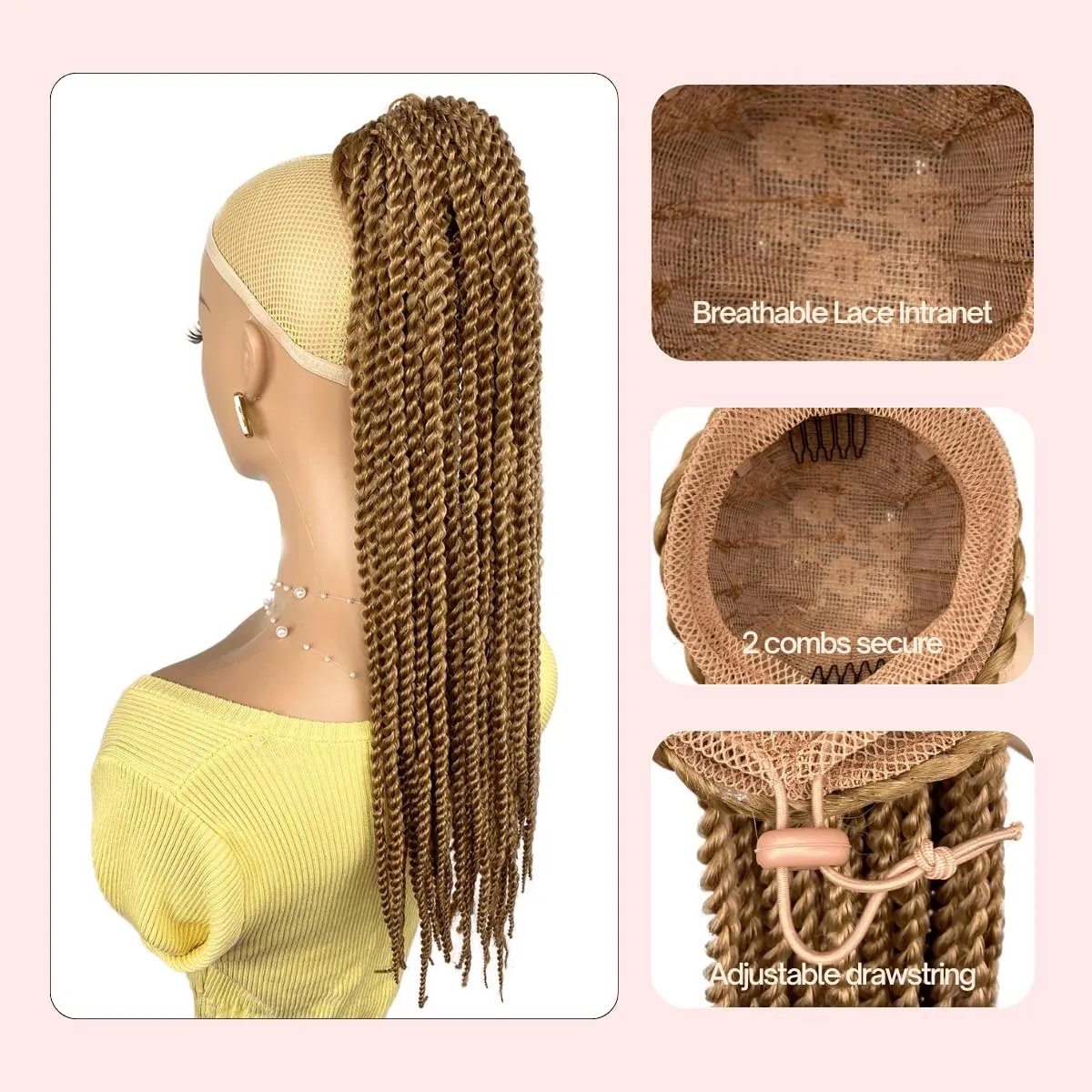 Senegalese Twist Braid Ponytail 20inch, Light Brown Long 2X Twist Braiding Hair Drawstring Ponytail Extension Hairpiece Crochet Braids Clip-in Braided Pony Tail for Black Women(27#, 20")