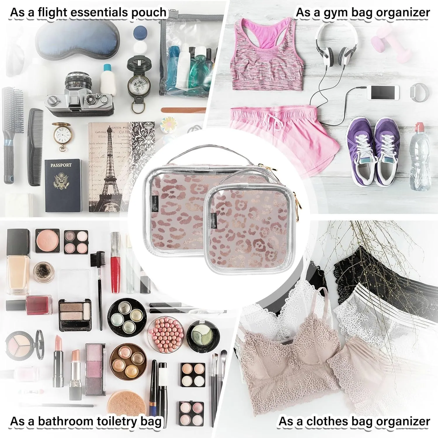 senya Clear Toiletry Bag,Travel Makeup Cosmetic Bag Carry on Airport Airline Compliant Bag Leopard Print Cheetah Rose Gold for Women Men