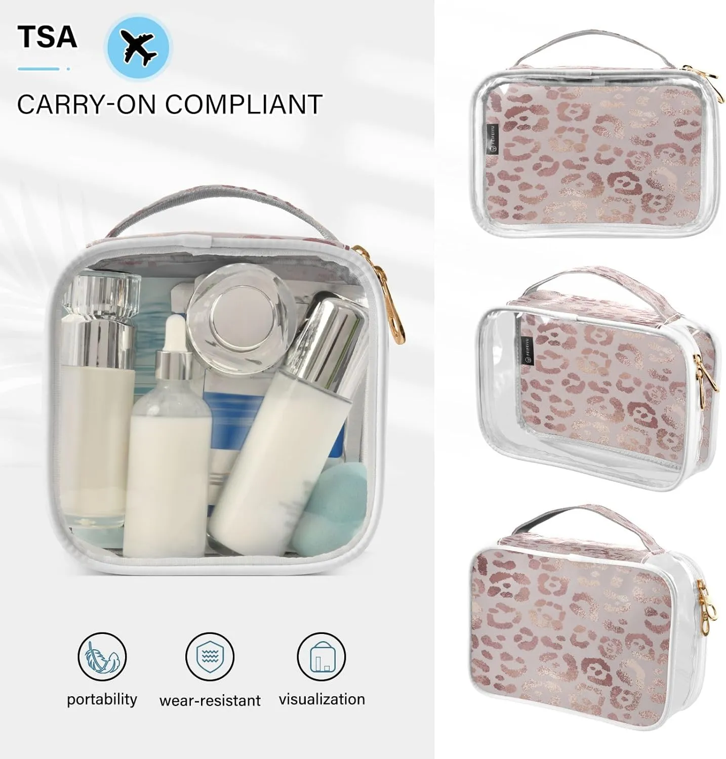 senya Clear Toiletry Bag,Travel Makeup Cosmetic Bag Carry on Airport Airline Compliant Bag Leopard Print Cheetah Rose Gold for Women Men