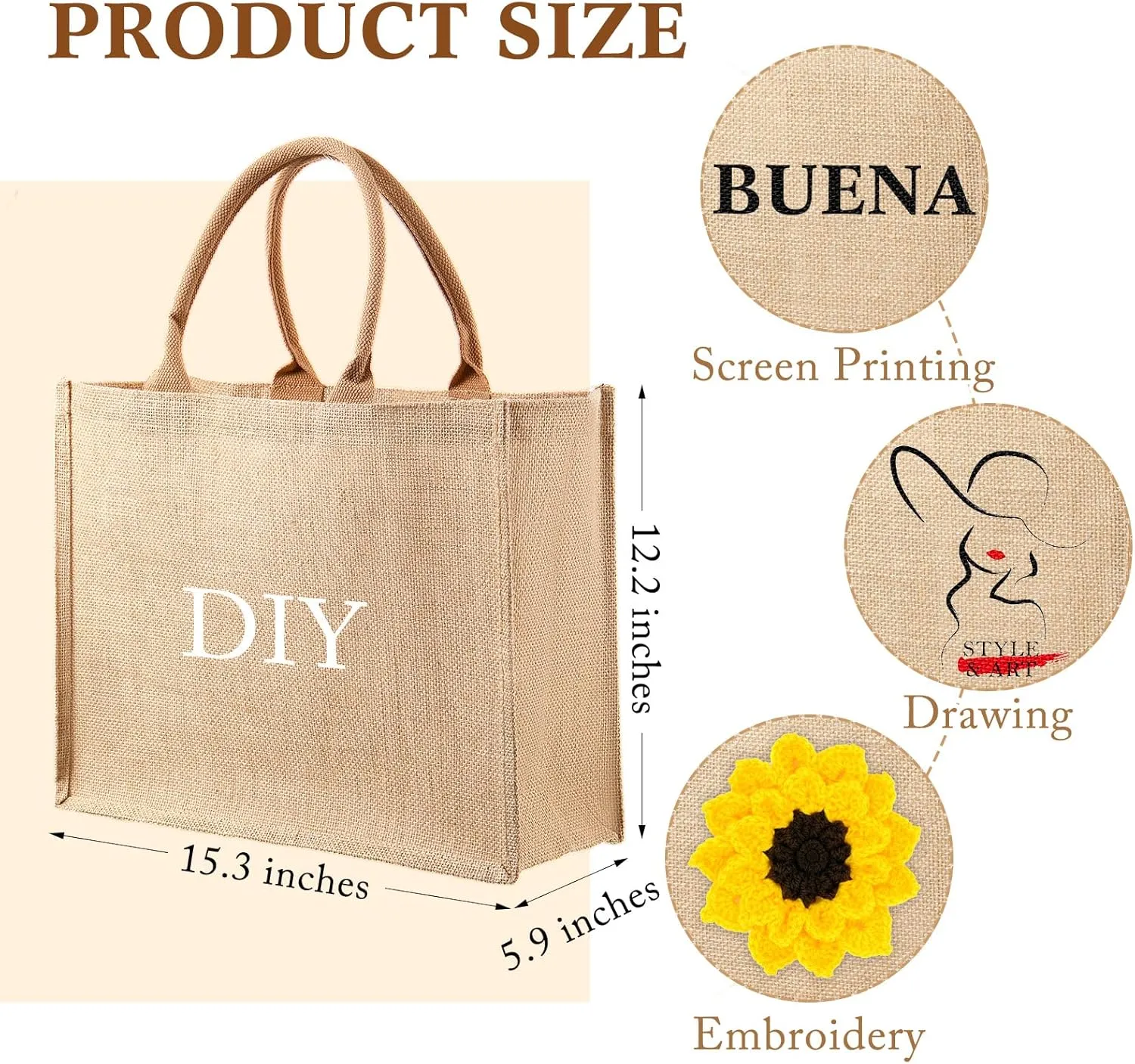 Shappy 10 Pack Burlap Tote Bag Set, Reusable Blank Jute Burlap Grocery Bag with Handle for Bridesmaid Gift Shopping DIY