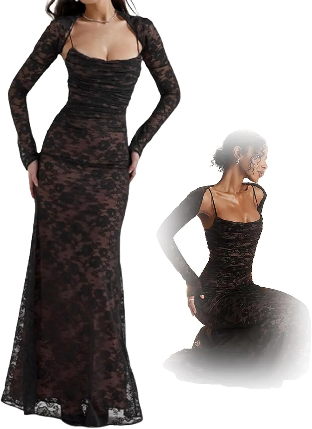 Shawl Drawstring Lace Maxi Dress, 2 Piece Corset Capelet Floral Soft Mesh Sexy Evening Dress