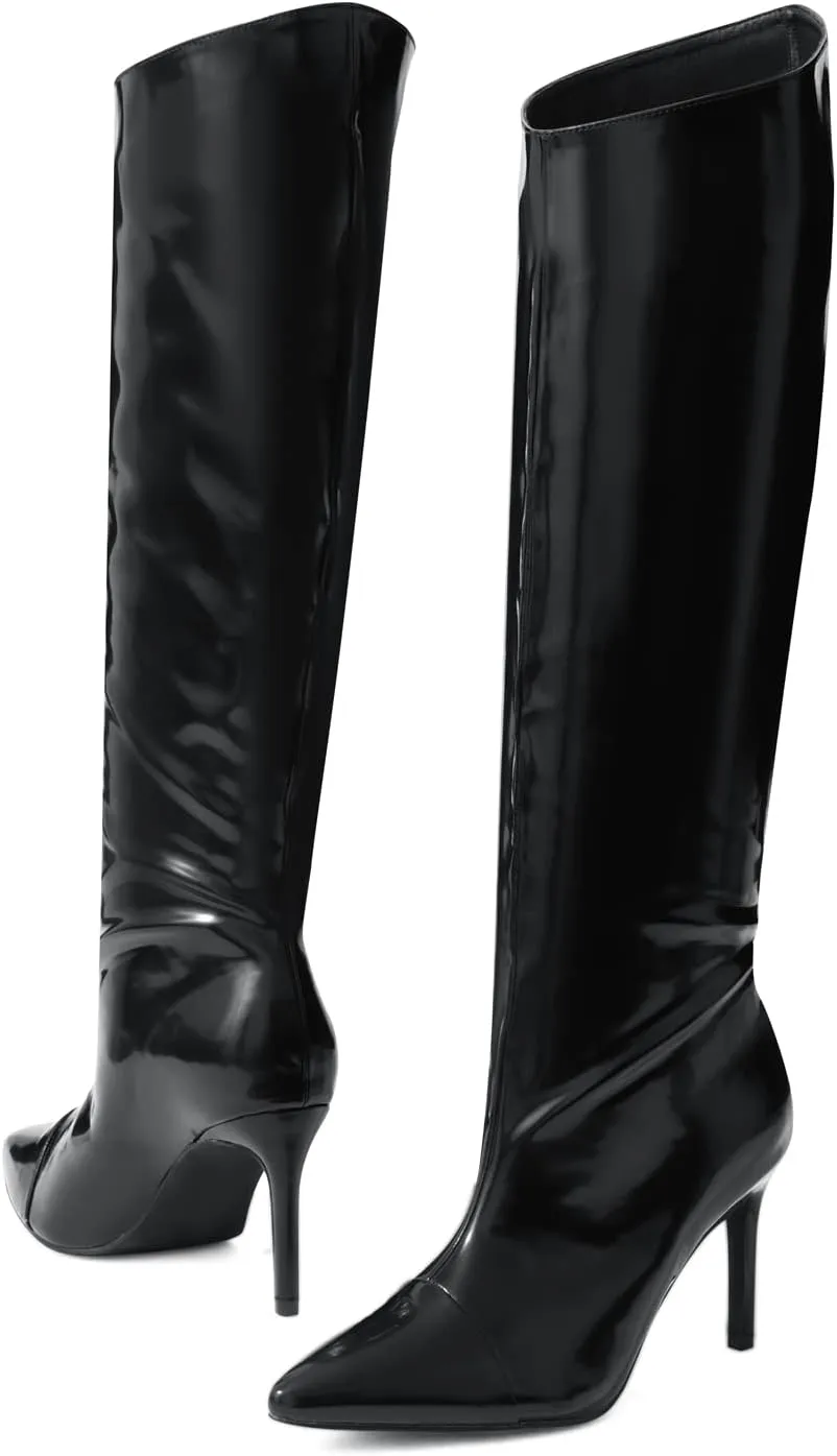 Shoe'N Tale Women's Knee High Boots Pointed Toe Stiletto High Heel Metallic Party Dressy Slip-on Booties Shoes