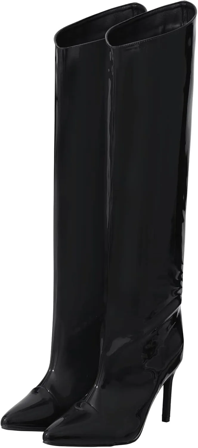 Shoe'N Tale Women's Knee High Boots Pointed Toe Stiletto High Heel Metallic Party Dressy Slip-on Booties Shoes