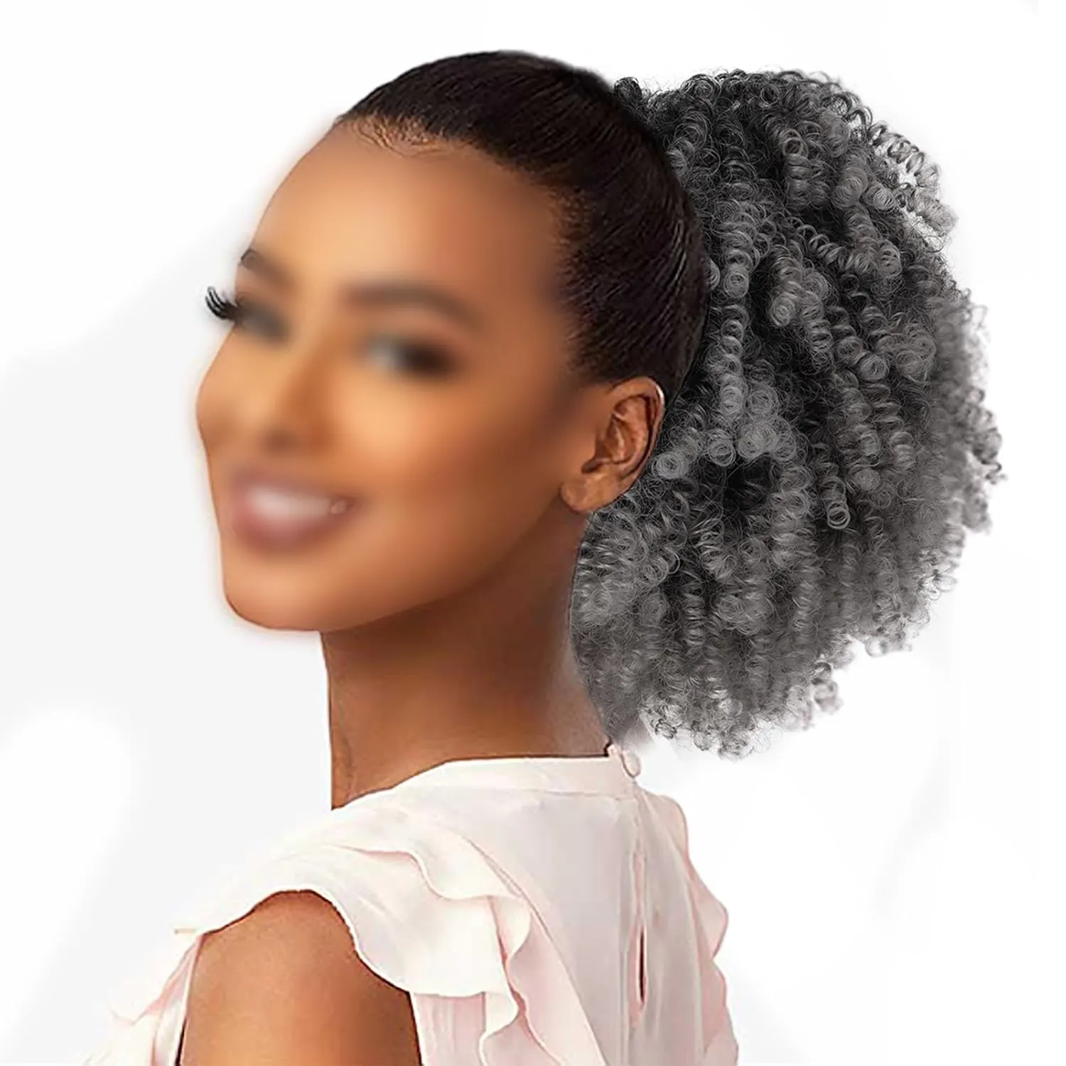 Short Kinky Curly Drawstring Ponytail Extension Afro Puff Ponytail Bun With Clips Natural Looking Soft Synthetic Hair Pieces For Women Daily Party 8 IN Grey