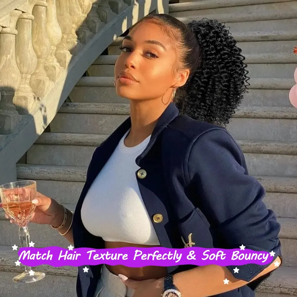Short Kinky Curly Ponytail Extension for Black Women, 10 Inch Natural Black Drawstring Curly Ponytail with Two Clips, Synthetic Afro Drawstring Ponytail for Black Women