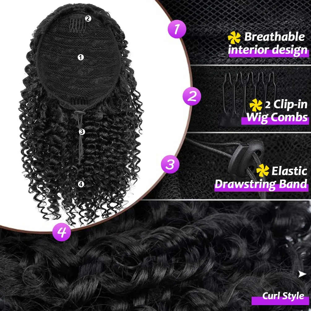 Short Kinky Curly Ponytail Extension for Black Women, 10 Inch Natural Black Drawstring Curly Ponytail with Two Clips, Synthetic Afro Drawstring Ponytail for Black Women