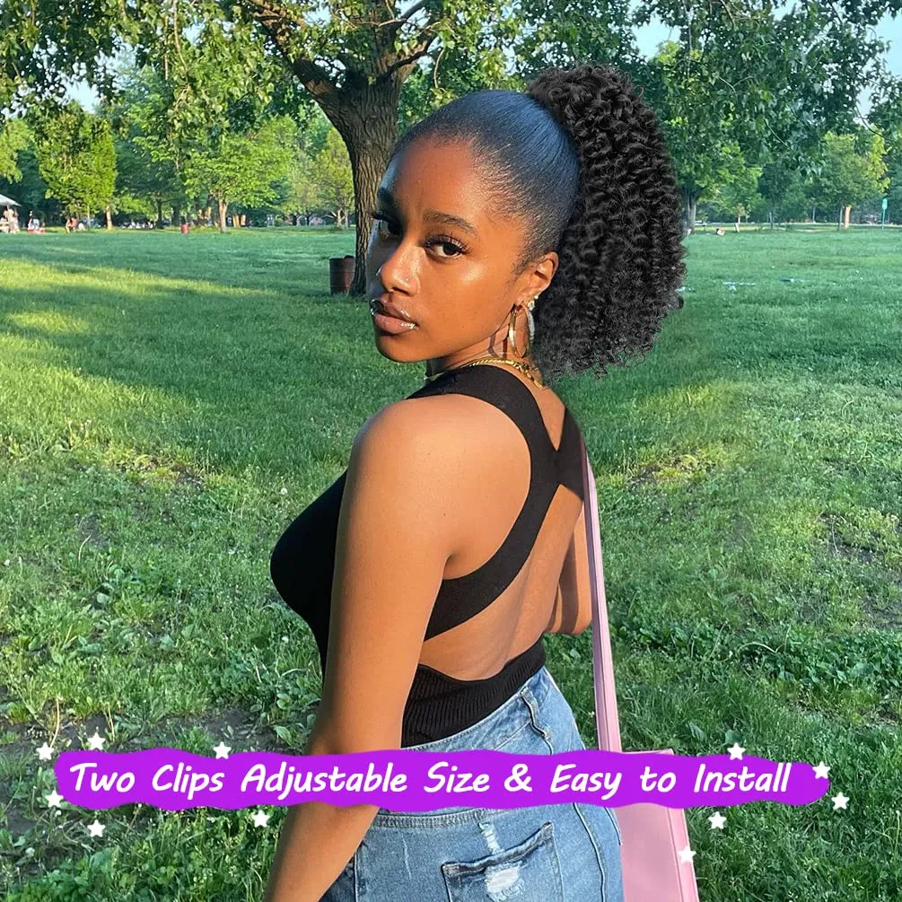 Short Kinky Curly Ponytail Extension for Black Women, 10 Inch Natural Black Drawstring Curly Ponytail with Two Clips, Synthetic Afro Drawstring Ponytail for Black Women
