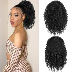 Short Kinky Curly Ponytail Extension for Black Women, 10 Inch Natural Black Drawstring Curly Ponytail with Two Clips, Synthetic Afro Drawstring Ponytail for Black Women
