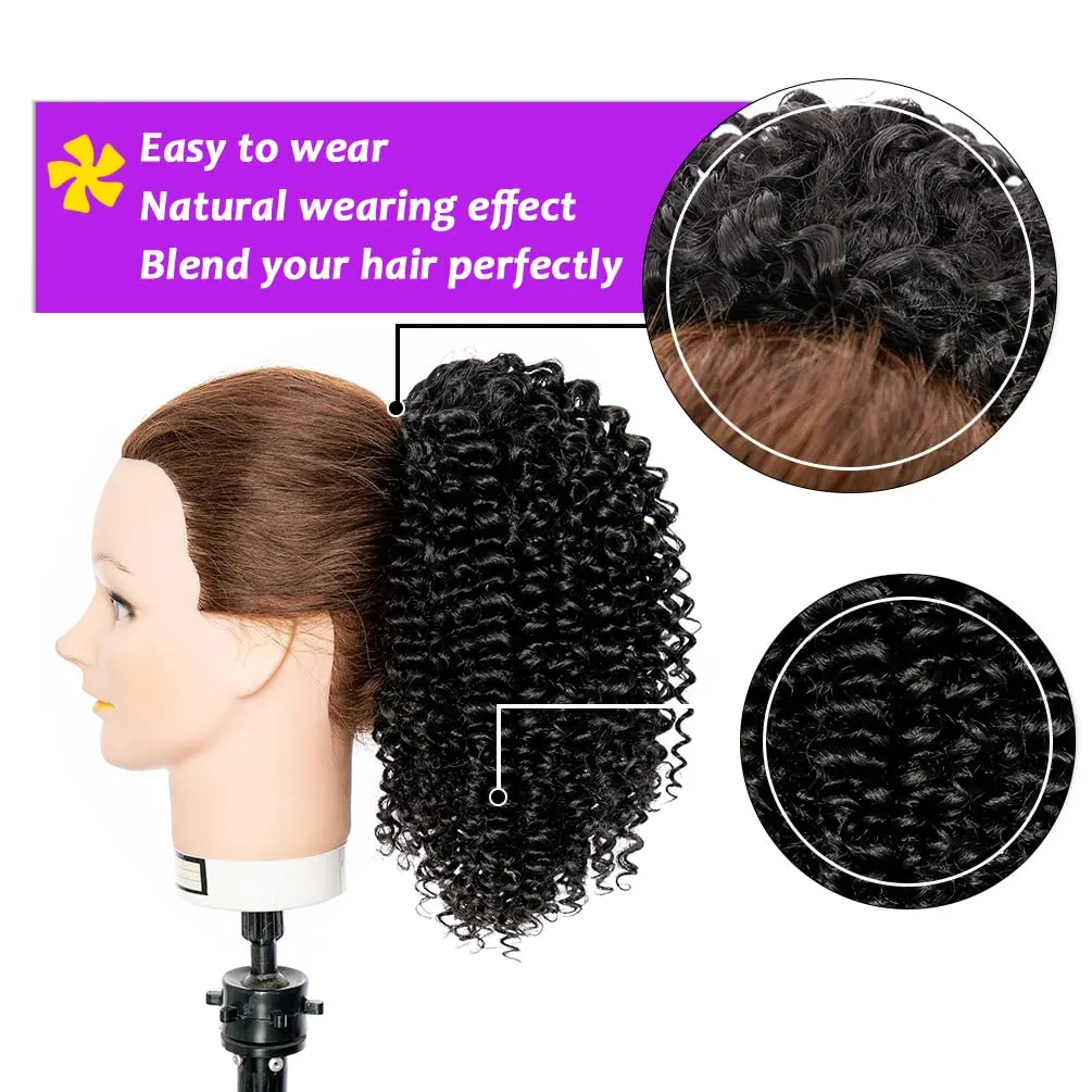 Short Kinky Curly Ponytail Extension for Black Women, 10 Inch Natural Black Drawstring Curly Ponytail with Two Clips, Synthetic Afro Drawstring Ponytail for Black Women