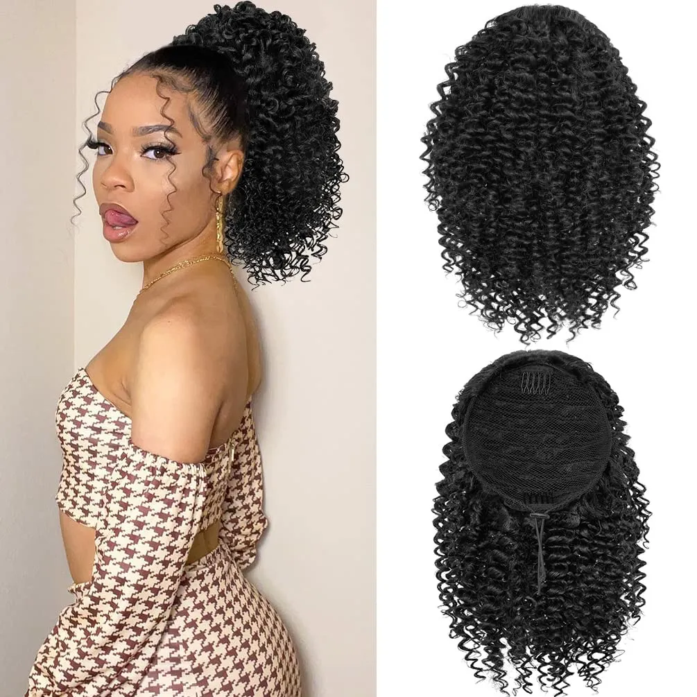 Short Kinky Curly Ponytail Extension for Black Women, 10 Inch Natural Black Drawstring Curly Ponytail with Two Clips, Synthetic Afro Drawstring Ponytail for Black Women
