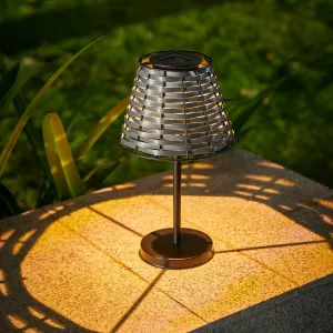 shumi Solar Table Lamp Outdoor Waterproof, Outdoor Lamp Decorative Vintage Metal Base with Rattan Shell, Minimalist Design Solar Table Light for Outside Patio Garden Indoor Bedroom Living Room Desk