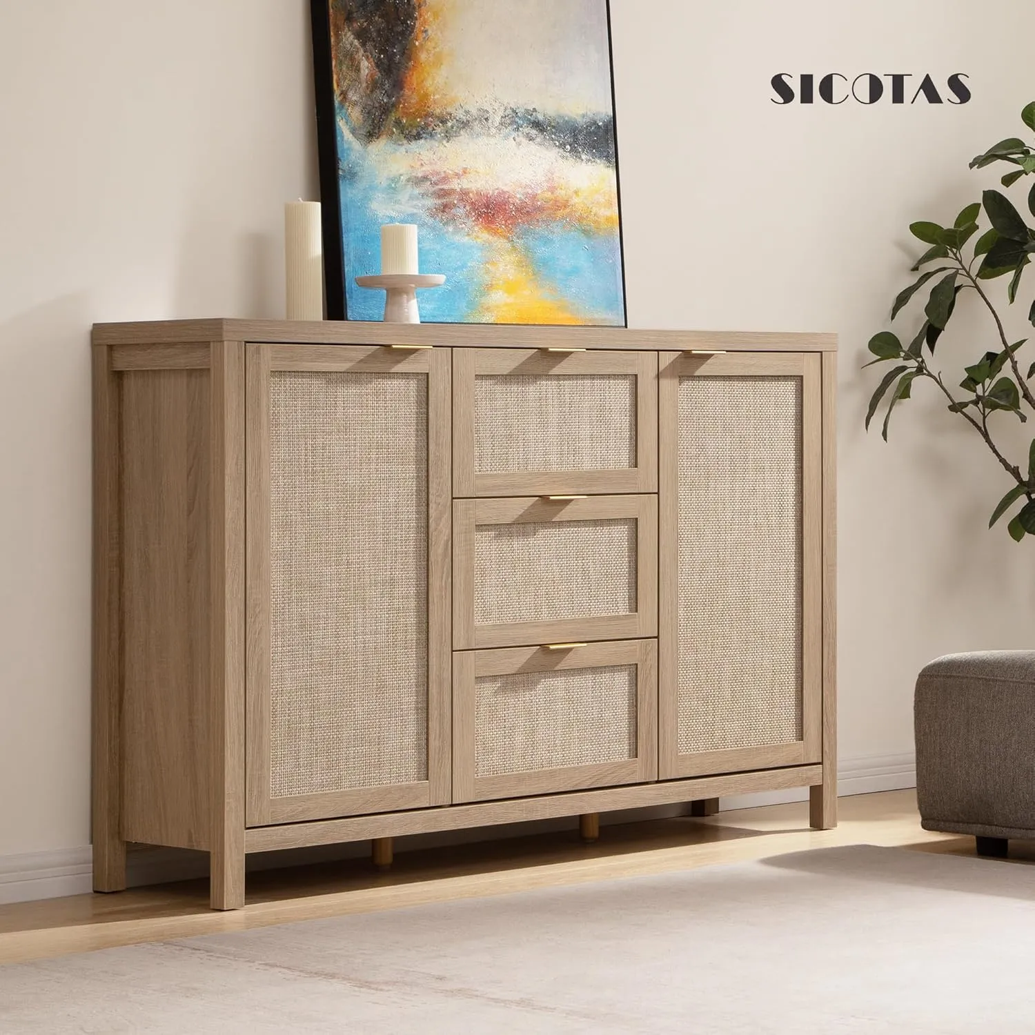 SICOTAS Larger Sideboard Buffet Coffee Bar Cabinet with Storage - Farmhouse Rattan Credenza Storage Cabinet with 3 Drawers and 2 Doors, Boho Console Table for Living Room, Kitchen, Light Oak