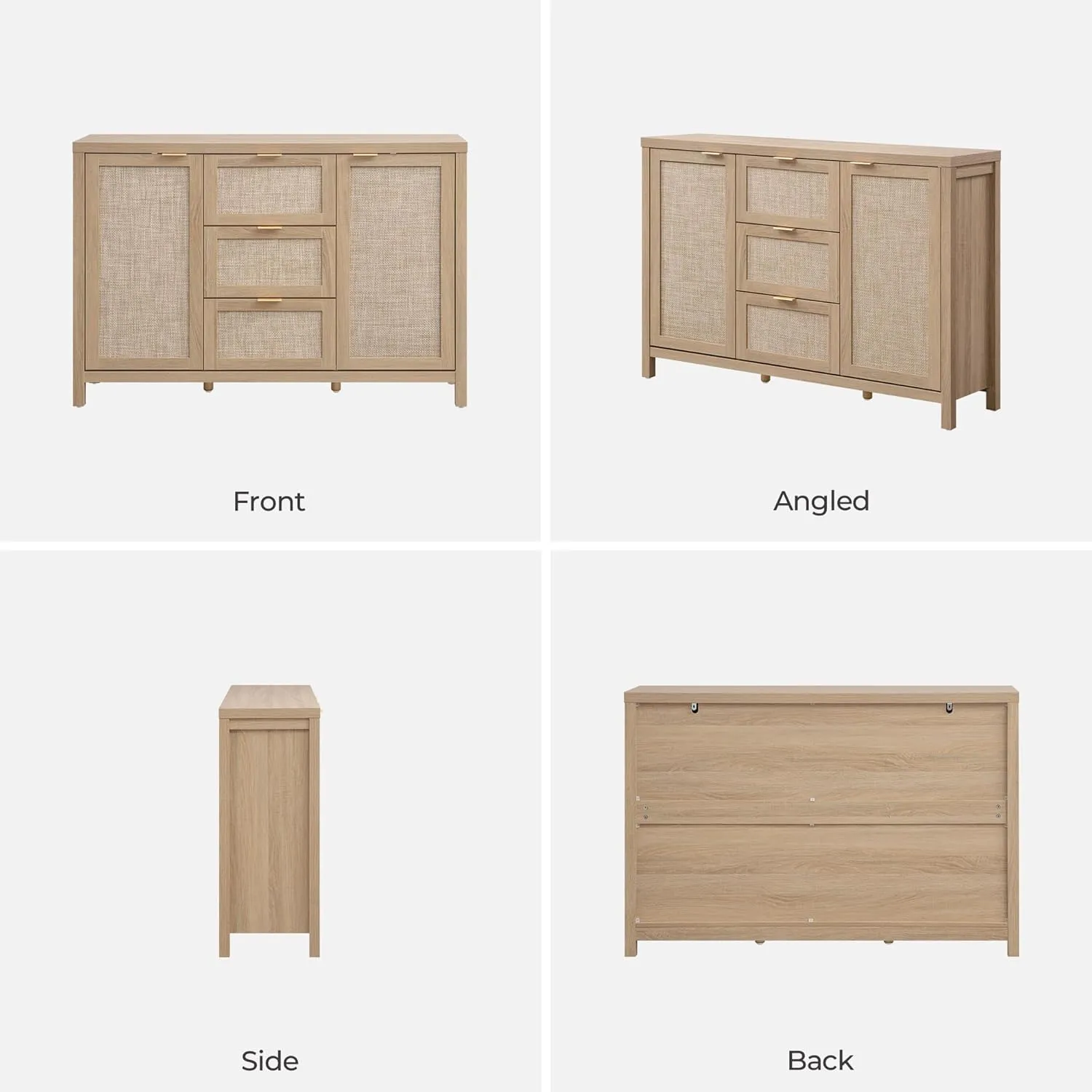 SICOTAS Larger Sideboard Buffet Coffee Bar Cabinet with Storage - Farmhouse Rattan Credenza Storage Cabinet with 3 Drawers and 2 Doors, Boho Console Table for Living Room, Kitchen, Light Oak