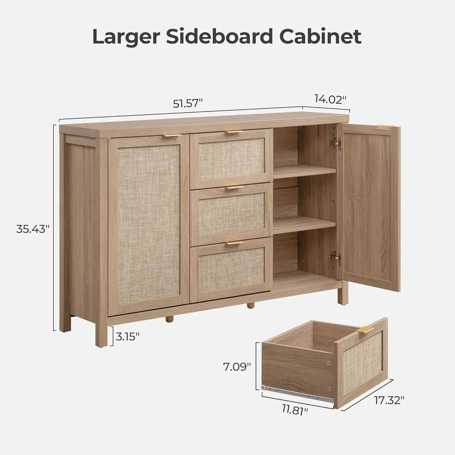 SICOTAS Larger Sideboard Buffet Coffee Bar Cabinet with Storage - Farmhouse Rattan Credenza Storage Cabinet with 3 Drawers and 2 Doors, Boho Console Table for Living Room, Kitchen, Light Oak