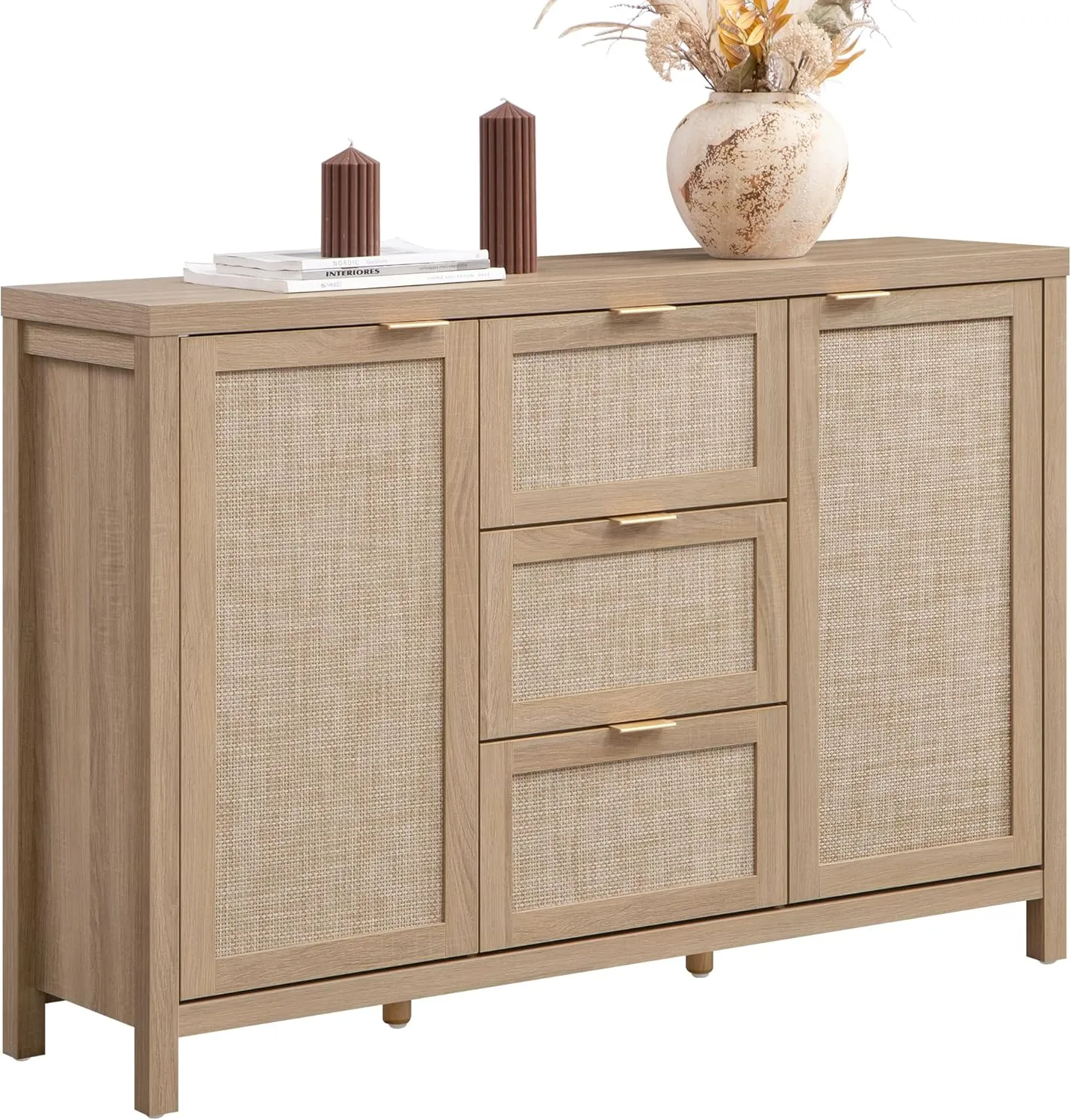 SICOTAS Larger Sideboard Buffet Coffee Bar Cabinet with Storage - Farmhouse Rattan Credenza Storage Cabinet with 3 Drawers and 2 Doors, Boho Console Table for Living Room, Kitchen, Light Oak