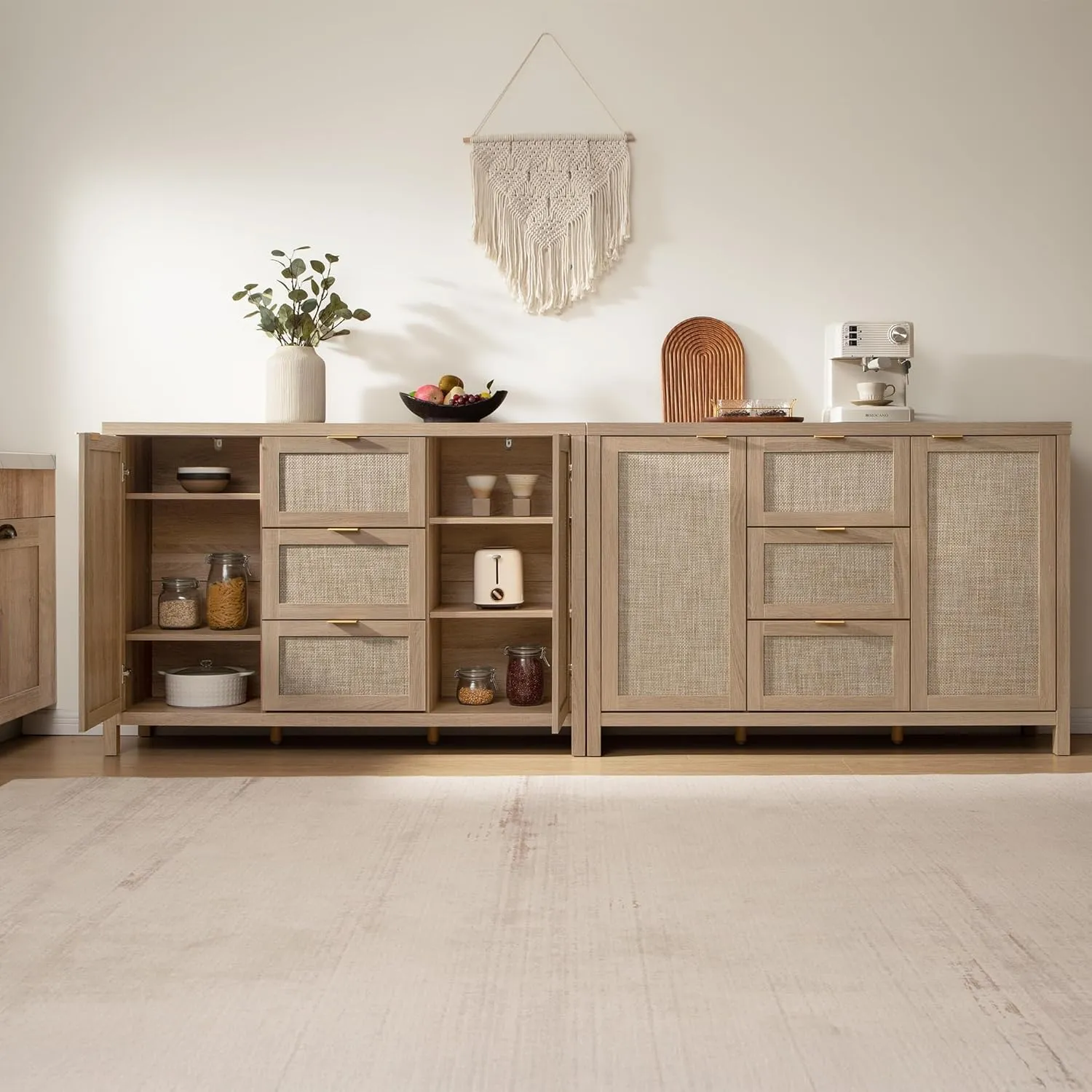 SICOTAS Larger Sideboard Buffet Coffee Bar Cabinet with Storage - Farmhouse Rattan Credenza Storage Cabinet with 3 Drawers and 2 Doors, Boho Console Table for Living Room, Kitchen, Light Oak