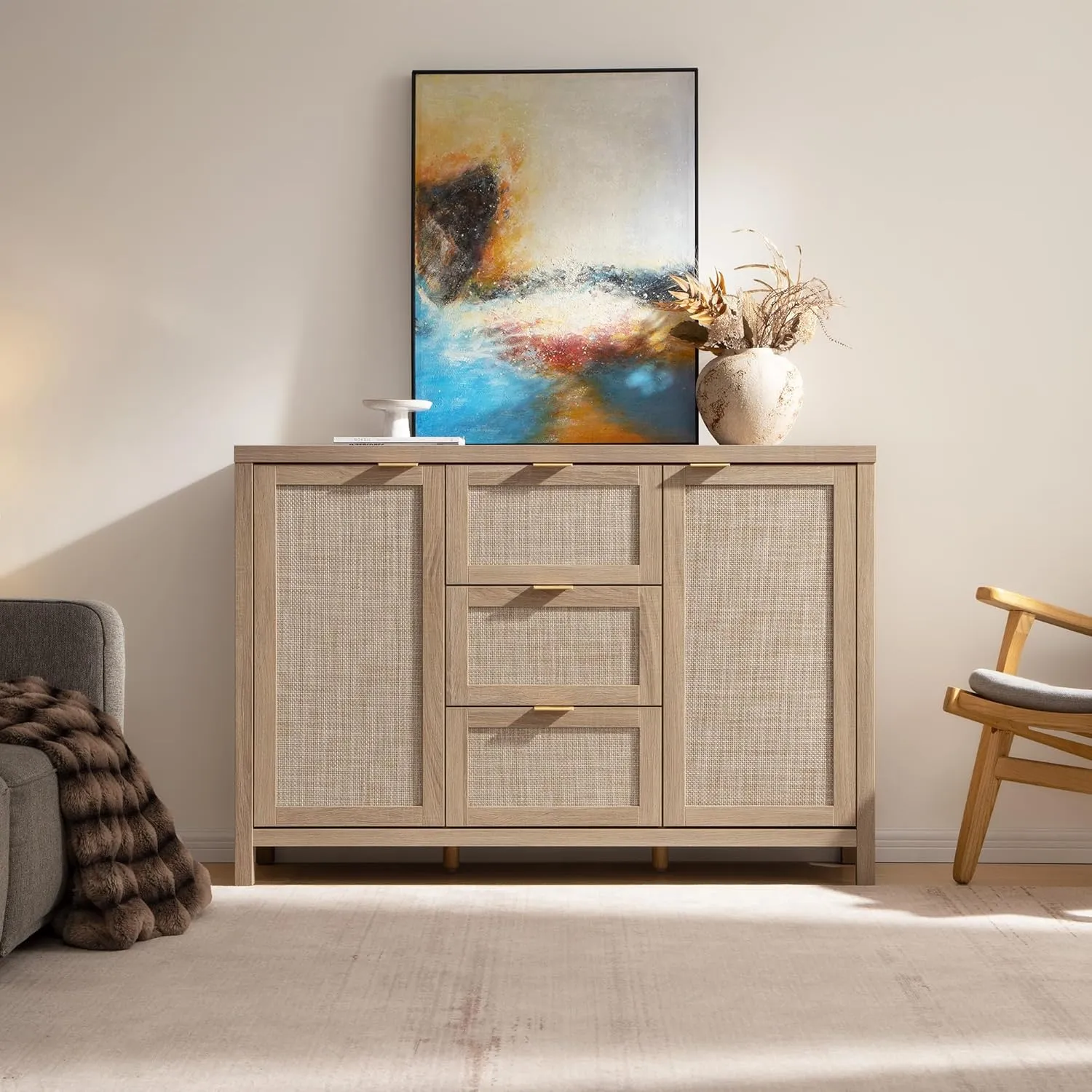 SICOTAS Larger Sideboard Buffet Coffee Bar Cabinet with Storage - Farmhouse Rattan Credenza Storage Cabinet with 3 Drawers and 2 Doors, Boho Console Table for Living Room, Kitchen, Light Oak