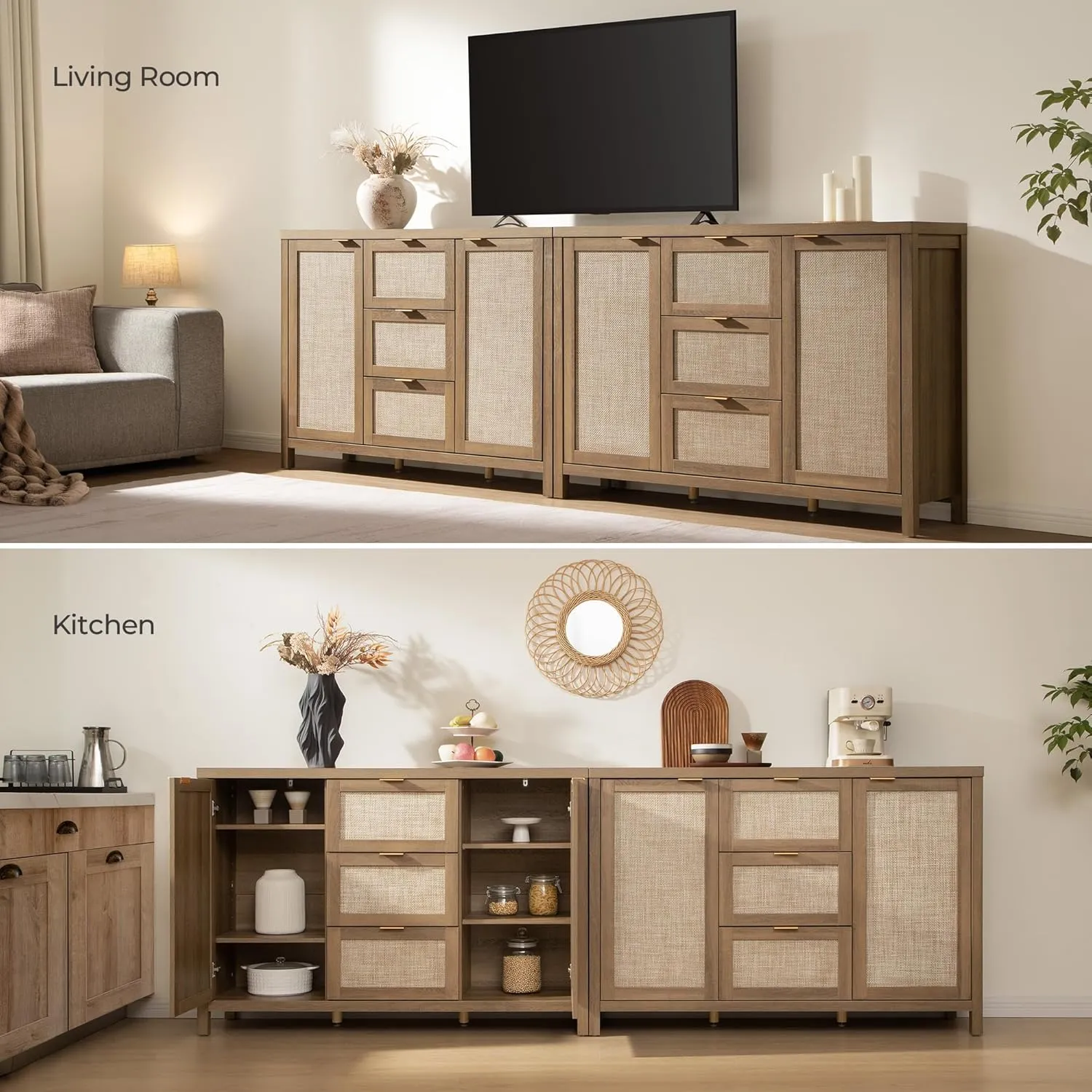 SICOTAS Larger Sideboard Buffet Coffee Bar Cabinet with Storage - Farmhouse Rattan Credenza Storage Cabinet with 3 Drawers and 2 Doors, Boho Console Table for Living Room, Kitchen, Light Oak