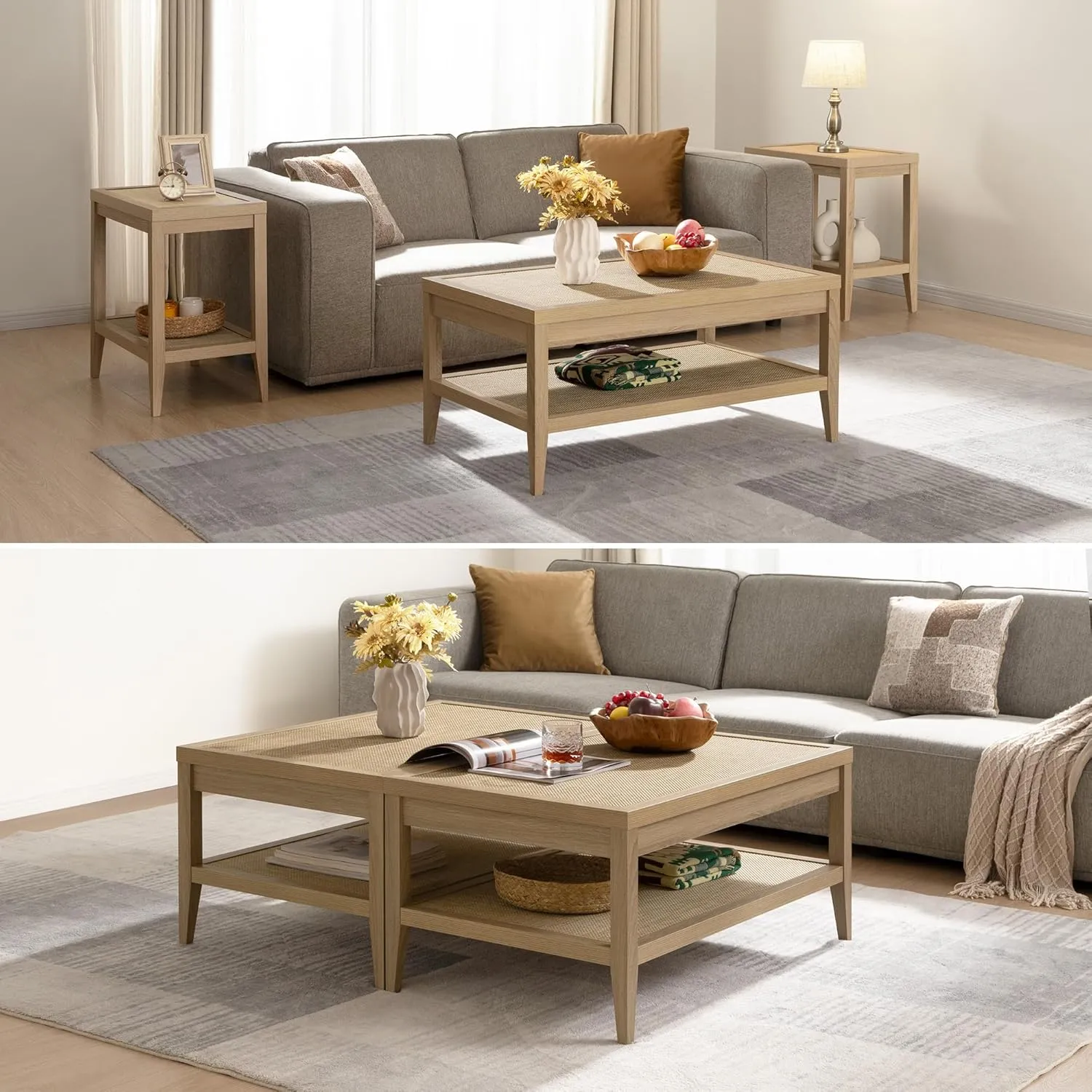 SICOTAS Rattan Coffee Table for Living Room - Boho Rectangular Dining Center Table with 2 -Tiers Rattan Storage Shelf, Farmhouse Accent Table for Living Room, Home Office, Light Oak