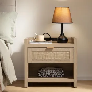 SICOTAS Rattan Nightstand End Table - Boho Night Stand Bedside Table with Type-C Charging Station, Wicker Decor Drawer Storage Cabinet Night Stand for Bedroom - Light Oak