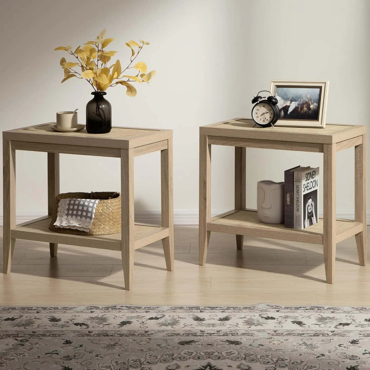 SICOTAS Rattan Nightstands Set of 2 - Boho Shelf Bedside Tables Narrow End Table Living Room Set of 2 Side Table with Rattan Storage Shelves for Small Space - Light Oak