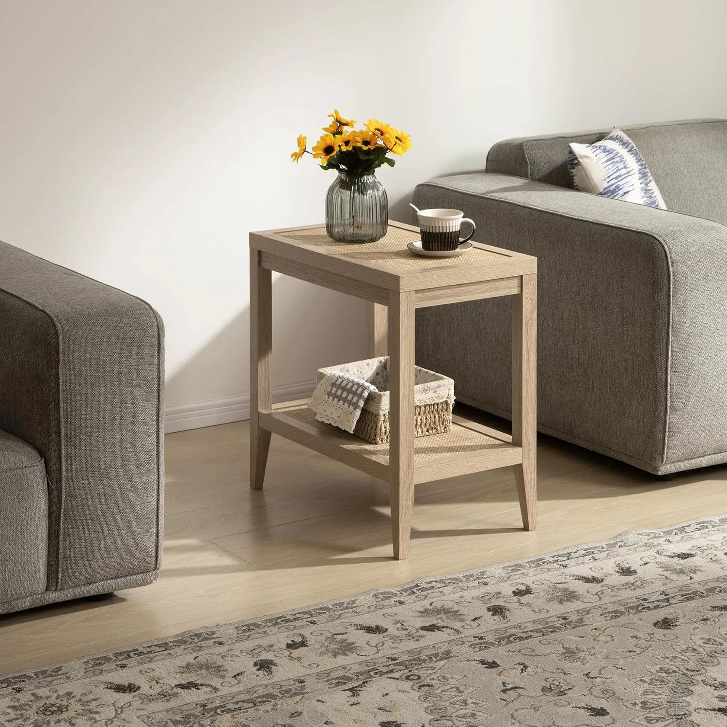 SICOTAS Rattan Nightstands Set of 2 - Boho Shelf Bedside Tables Narrow End Table Living Room Set of 2 Side Table with Rattan Storage Shelves for Small Space - Light Oak