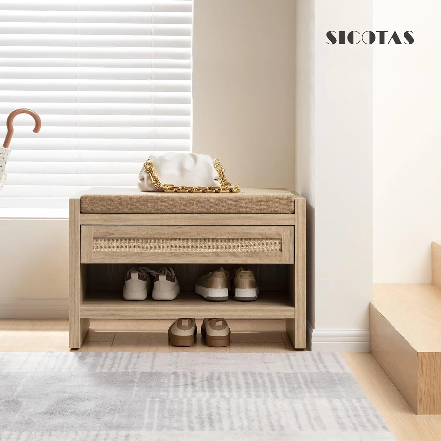 SICOTAS Rattan Shoe Bench Entryway Bench with Storage Drawer and Linen Seat Cushion, Farmhouse Boho Shoe Rack Bench with Shelf, Wooden Storage Bench for Entryway Hallway and Bedroom, Light Oak