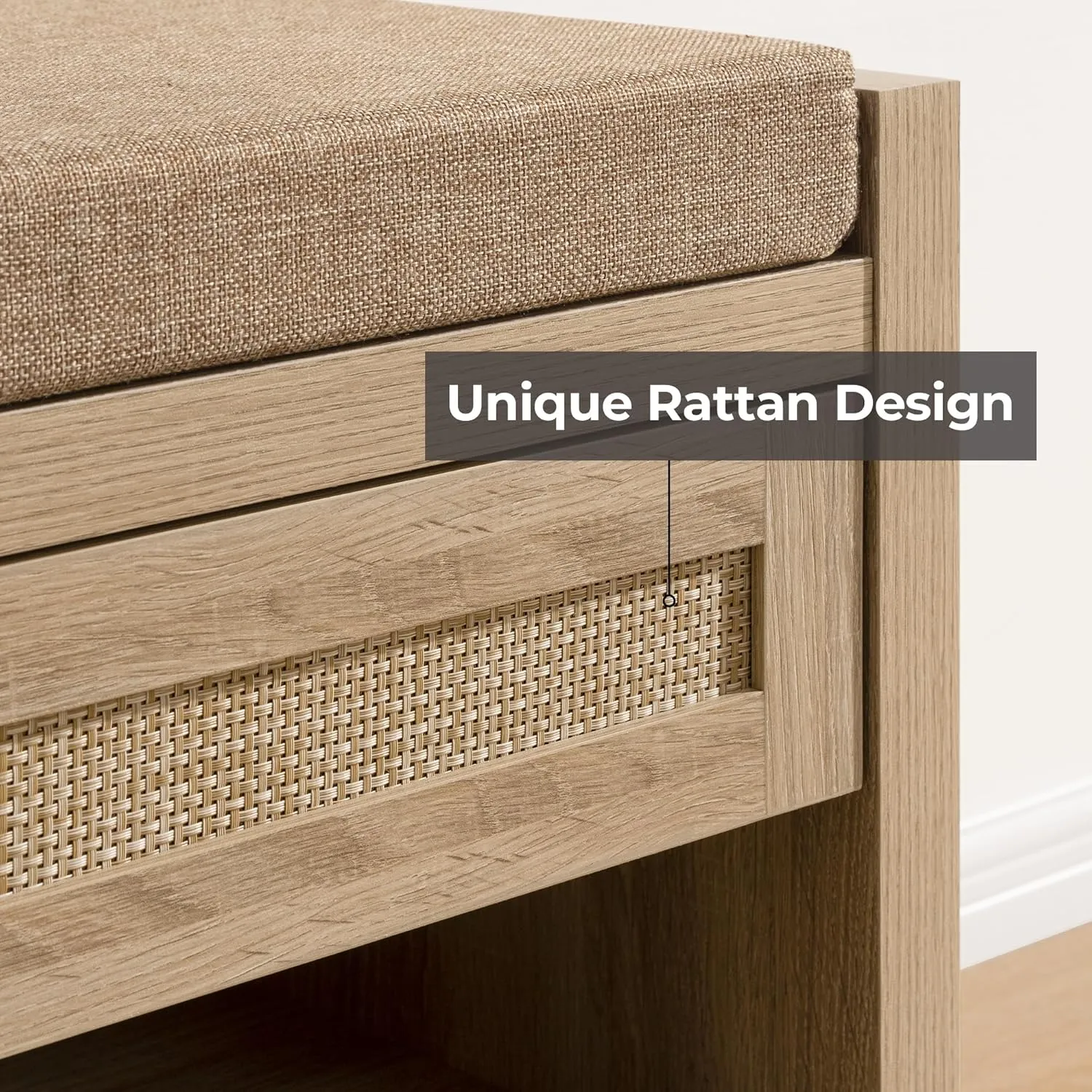 SICOTAS Rattan Shoe Bench Entryway Bench with Storage Drawer and Linen Seat Cushion, Farmhouse Boho Shoe Rack Bench with Shelf, Wooden Storage Bench for Entryway Hallway and Bedroom, Light Oak
