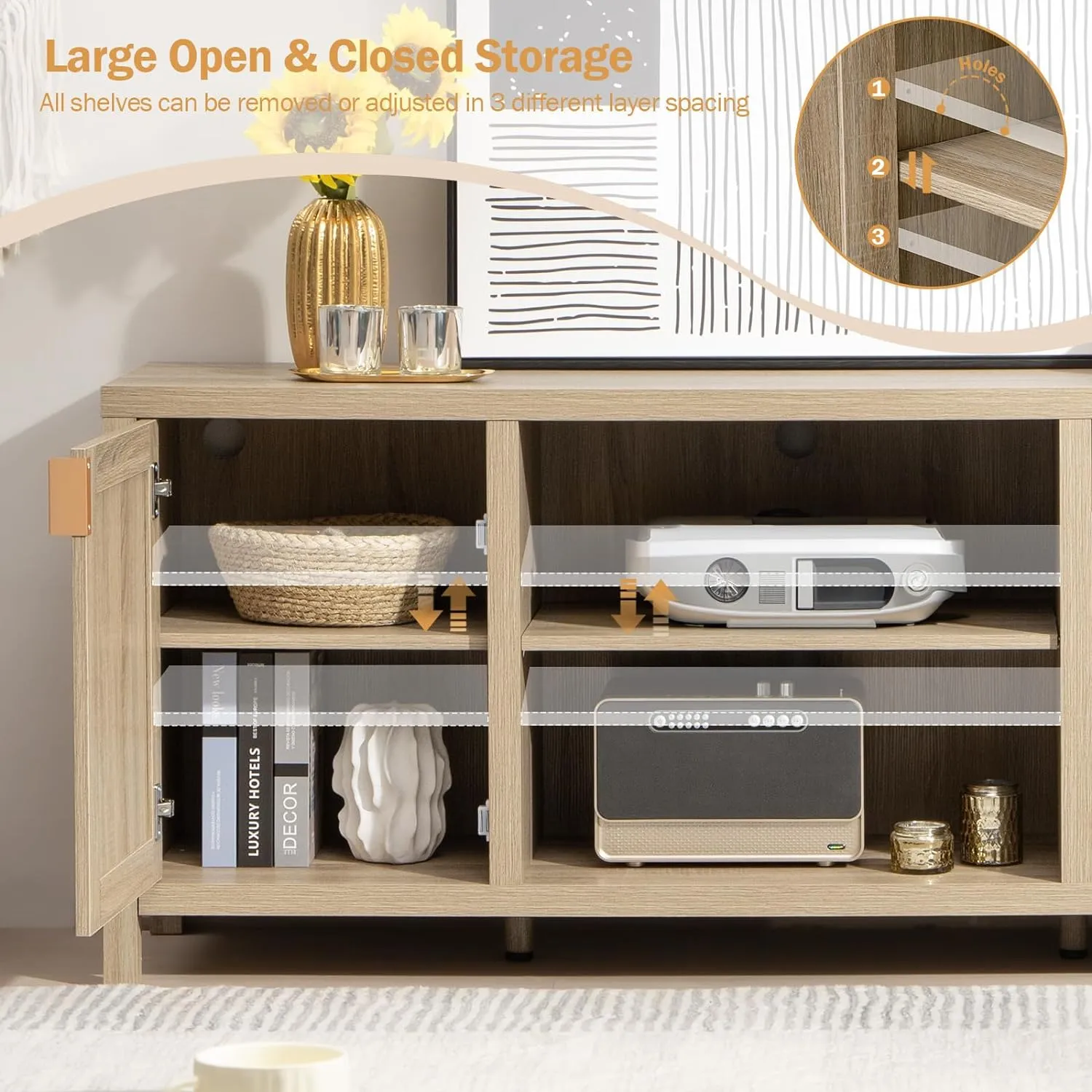 SICOTAS Rattan TV Stand for Living Room - 26" Tall TV Console Cabinet with Storage and Adjustable Shelf, Boho Entertainment Center, 59" Media Console for 50, 55, 65 Inch TV, Light Oak