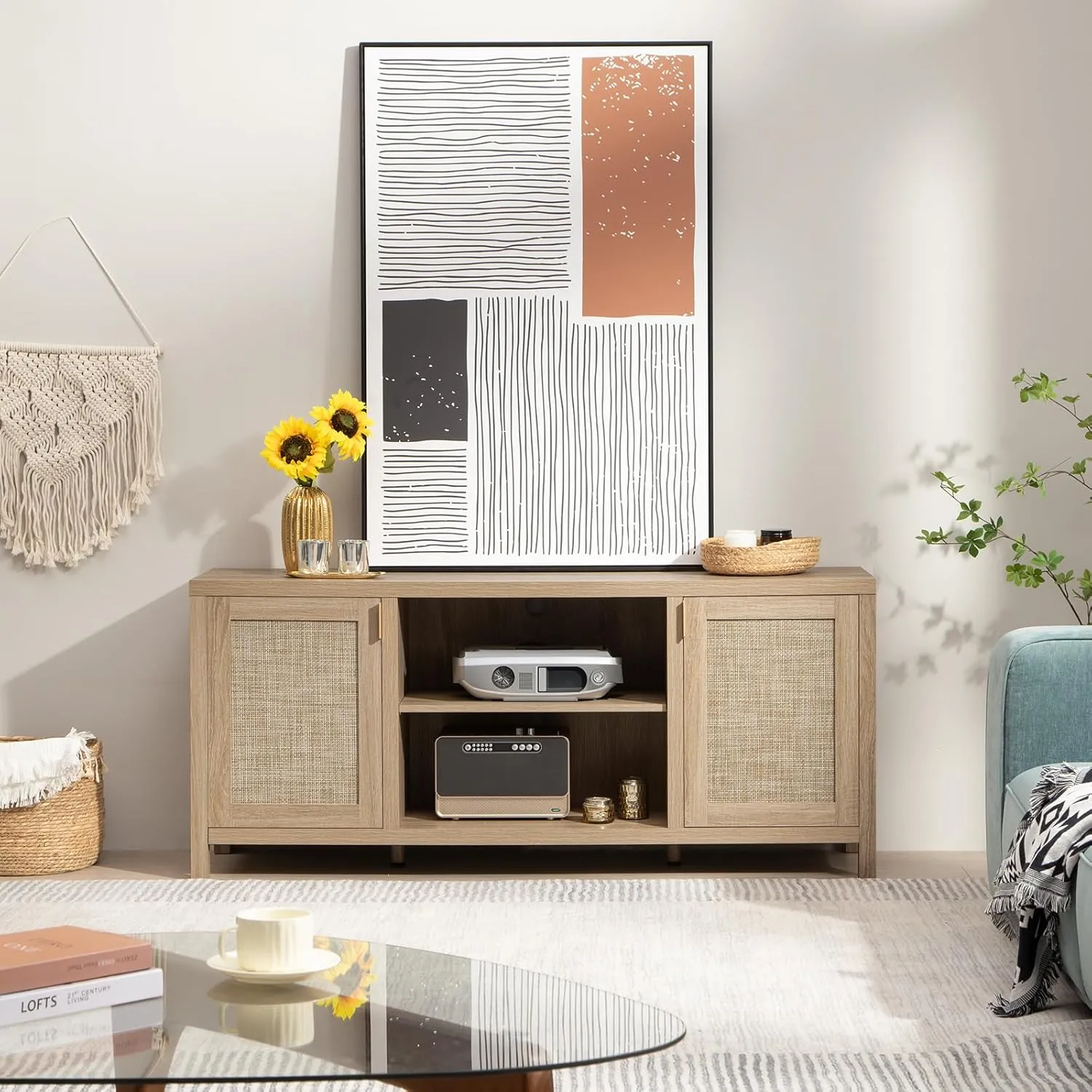 SICOTAS Rattan TV Stand for Living Room - 26" Tall TV Console Cabinet with Storage and Adjustable Shelf, Boho Entertainment Center, 59" Media Console for 50, 55, 65 Inch TV, Light Oak