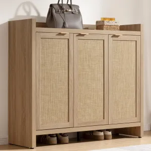 SICOTAS Shoe Cabinet, 30 Pairs Rattan Storage for Entryway, 6-Tier 41" Tall Boho Farmhouse Cabinet With Doors for Hallway Closet, Light Oak