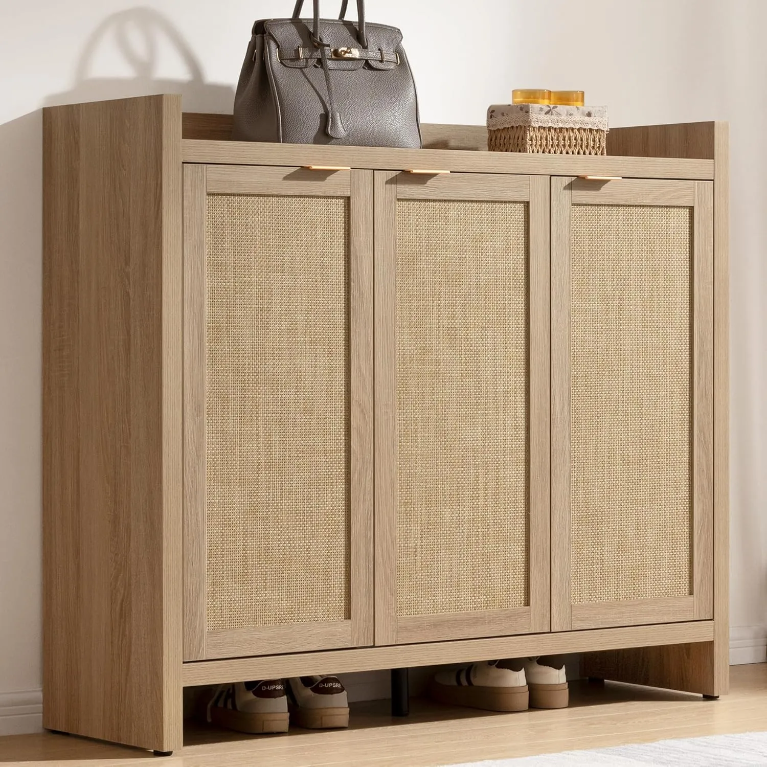SICOTAS Shoe Cabinet, 30 Pairs Rattan Storage for Entryway, 6-Tier 41" Tall Boho Farmhouse Cabinet With Doors for Hallway Closet, Light Oak
