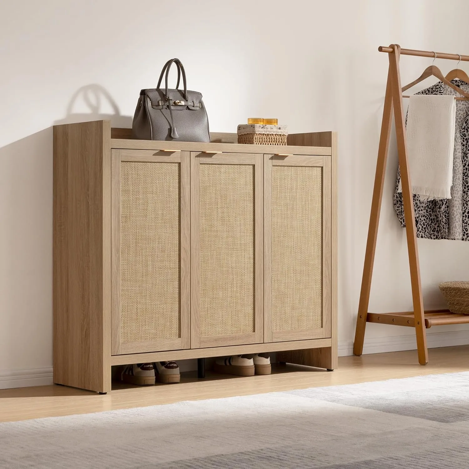 SICOTAS Shoe Cabinet, 30 Pairs Rattan Storage for Entryway, 6-Tier 41" Tall Boho Farmhouse Cabinet With Doors for Hallway Closet, Light Oak