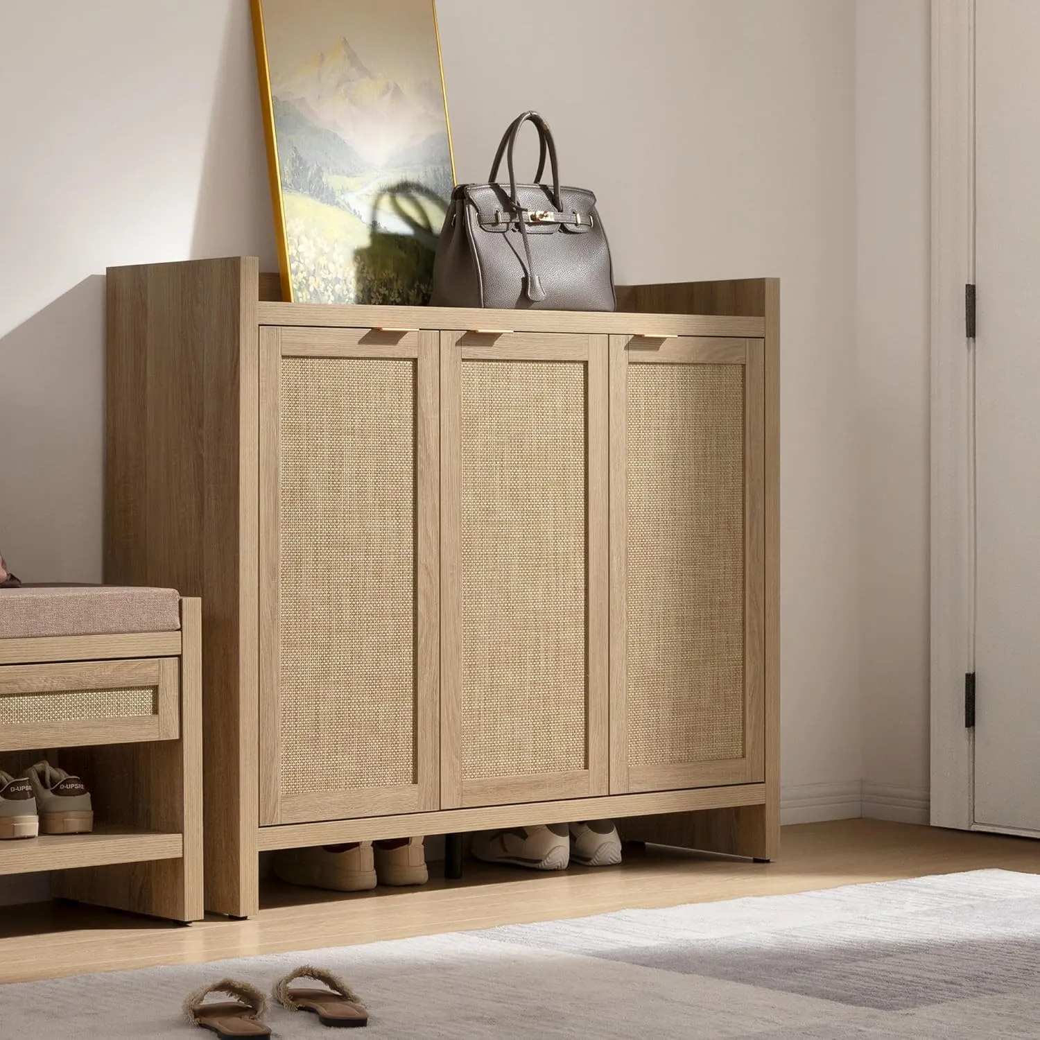 SICOTAS Shoe Cabinet, 30 Pairs Rattan Storage for Entryway, 6-Tier 41" Tall Boho Farmhouse Cabinet With Doors for Hallway Closet, Light Oak