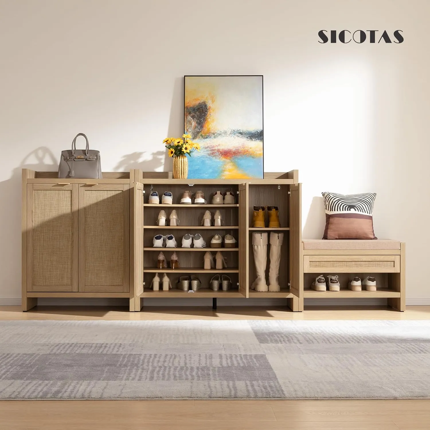 SICOTAS Shoe Cabinet, 30 Pairs Rattan Storage for Entryway, 6-Tier 41" Tall Boho Farmhouse Cabinet With Doors for Hallway Closet, Light Oak