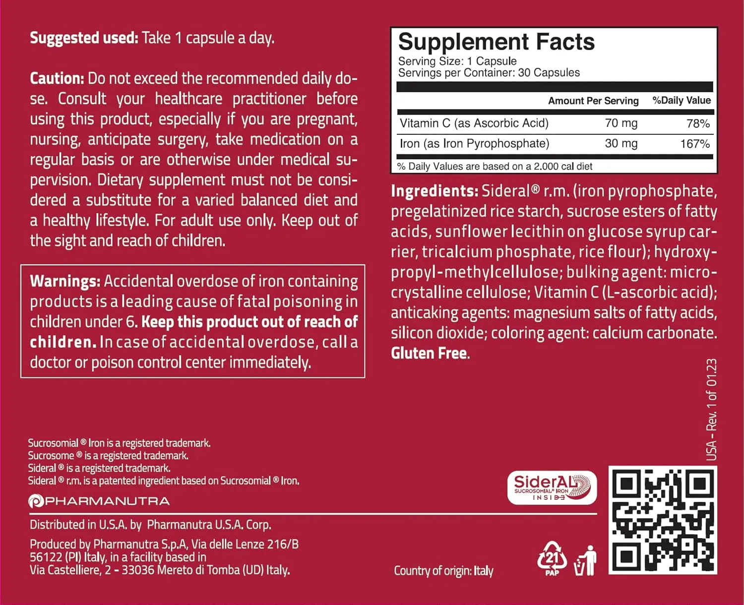 SiderAL® Forte 30mg Iron Supplement with Vitamin C | Gentle on Stomach, High Absorption | High Strength for Energy, Deficiency, Anemia or Recovery | Vegan-Friendly and Gluten-Friendly | 30 Capsules