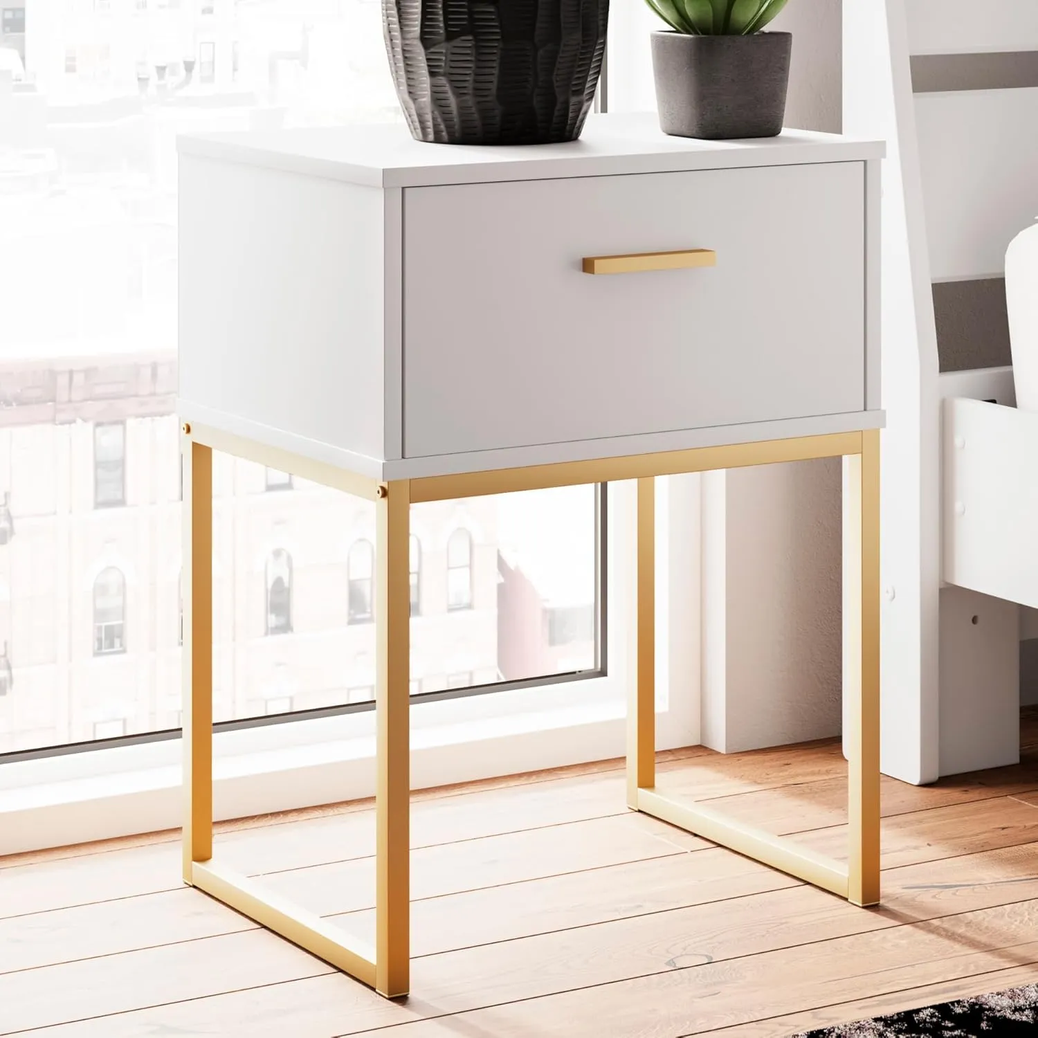 Signature Design by Ashley Socalle Contemporary 1 Drawer Nightstand with Metal Legs, 26.02" Tall, White & Metallic