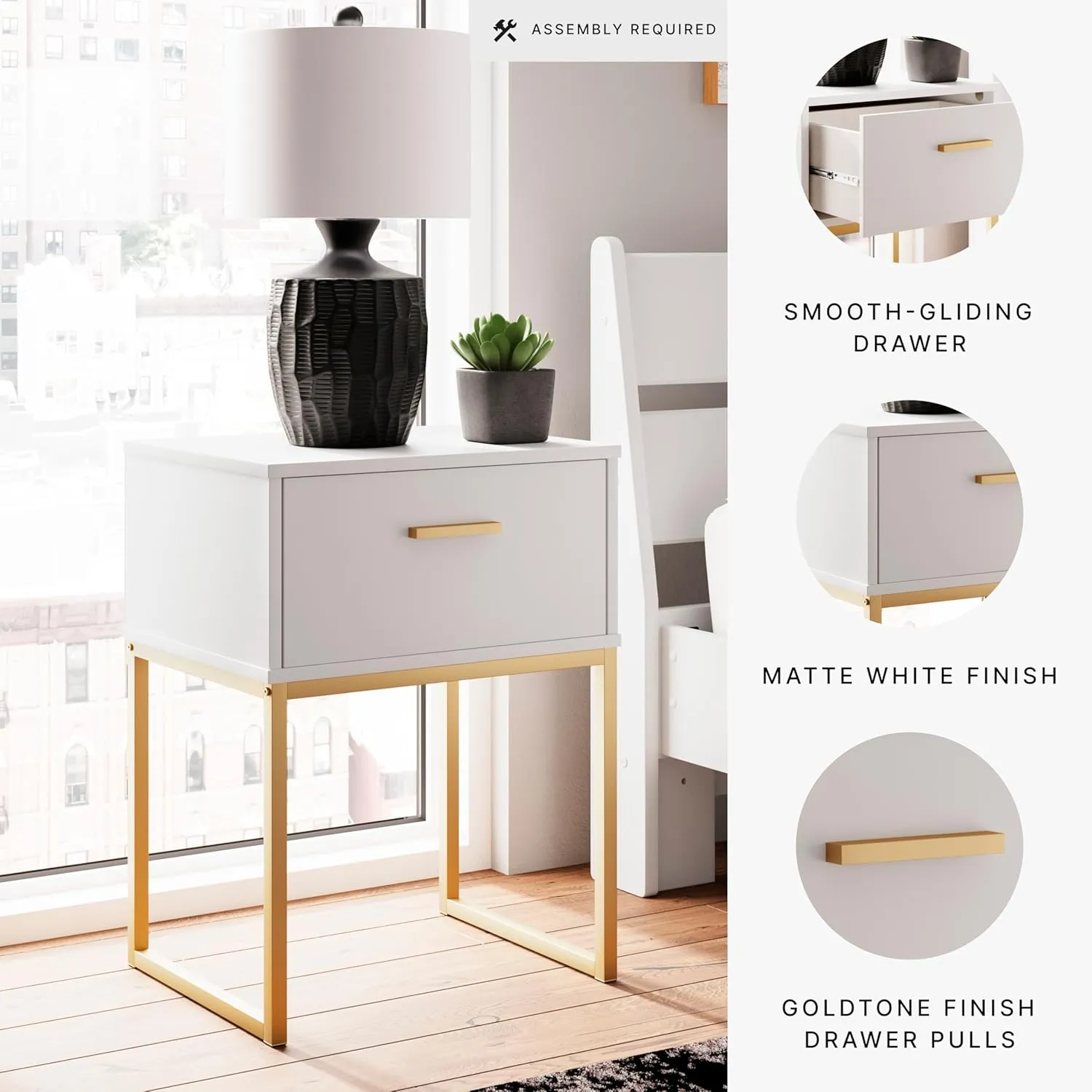 Signature Design by Ashley Socalle Contemporary 1 Drawer Nightstand with Metal Legs, 26.02" Tall, White & Metallic