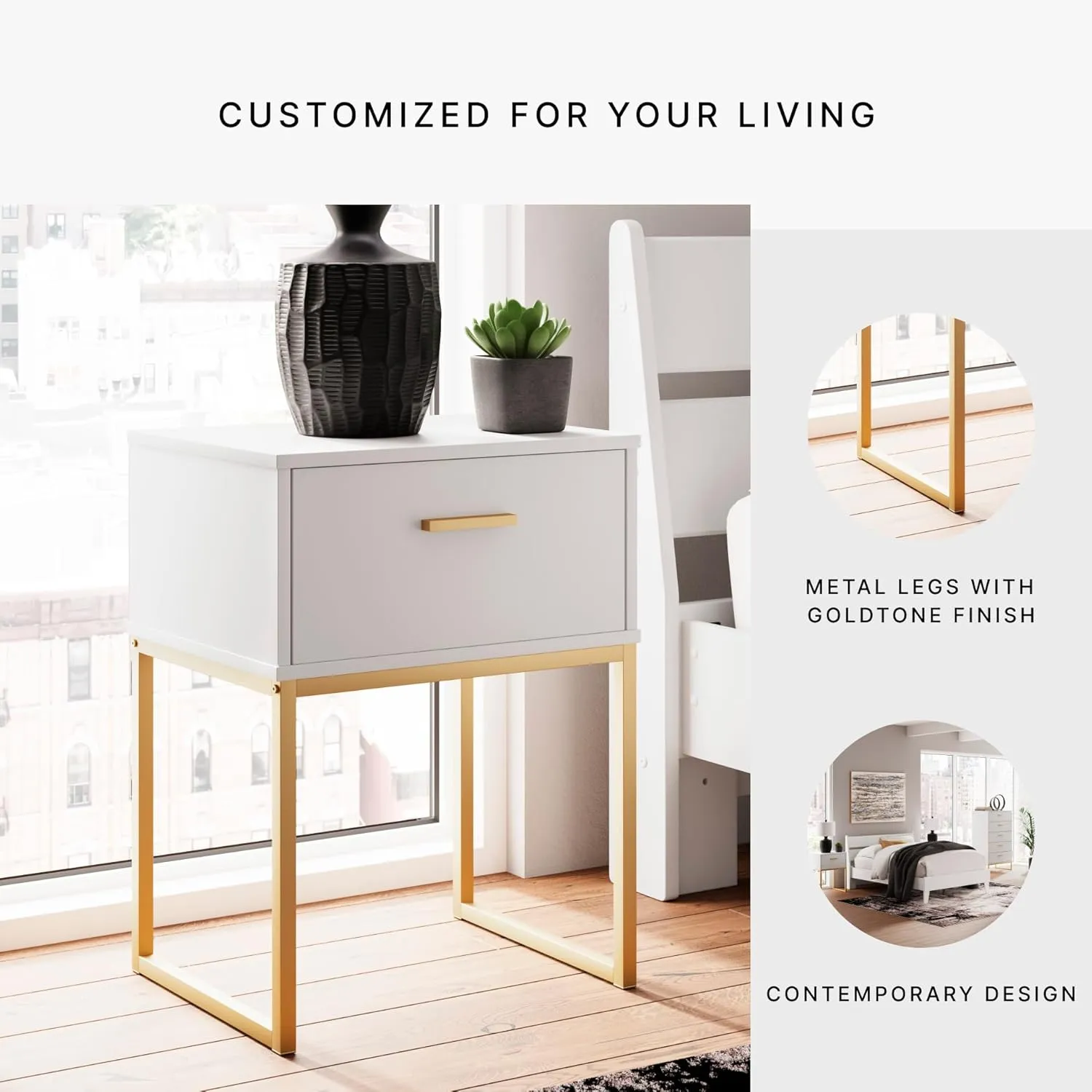 Signature Design by Ashley Socalle Contemporary 1 Drawer Nightstand with Metal Legs, 26.02" Tall, White & Metallic