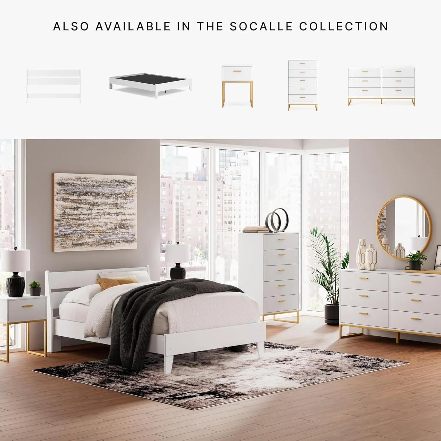 Signature Design by Ashley Socalle Contemporary 1 Drawer Nightstand with Metal Legs, 26.02" Tall, White & Metallic