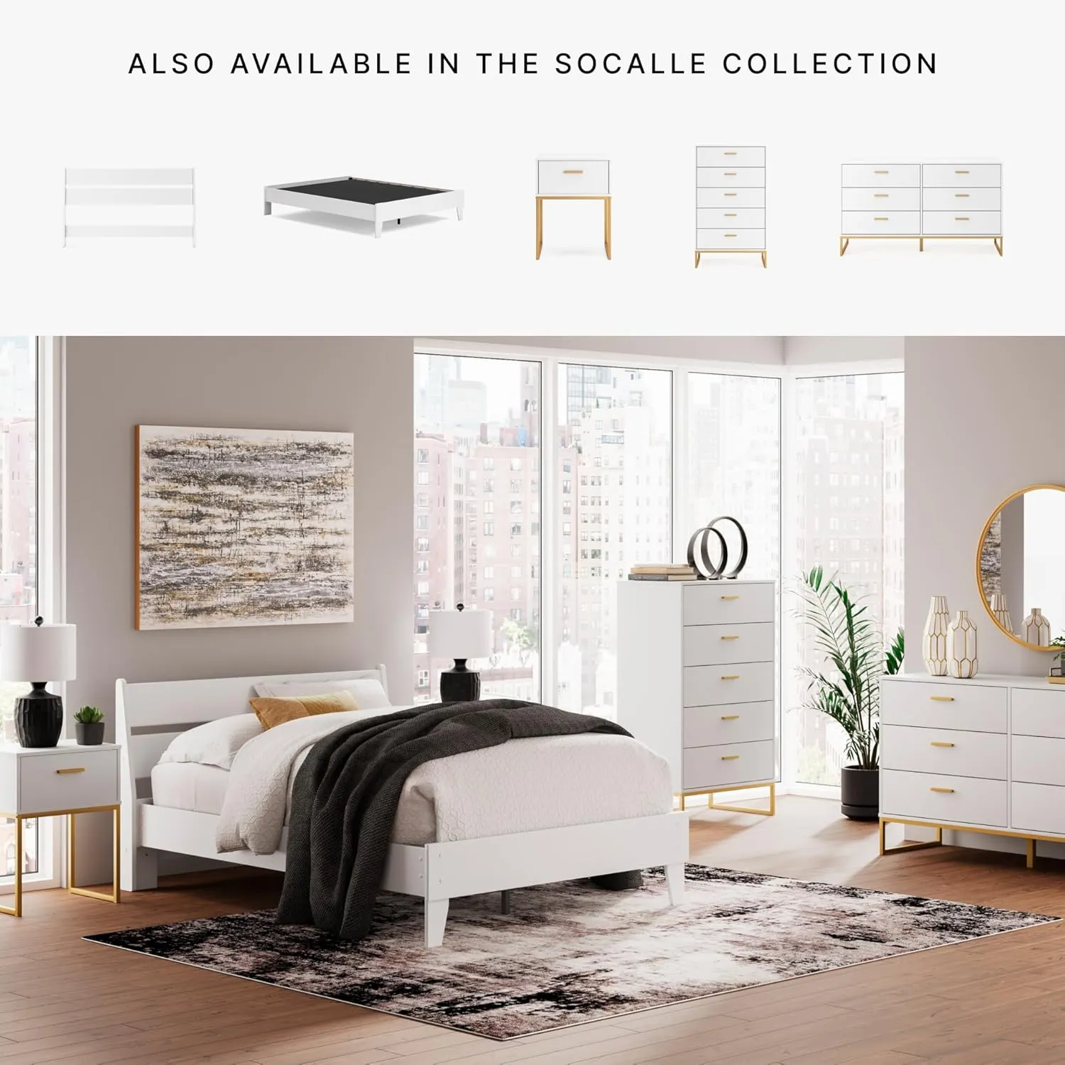 Signature Design by Ashley Socalle Modern 5-Drawer Chest of Drawers with Safety Stop, White & Metallic
