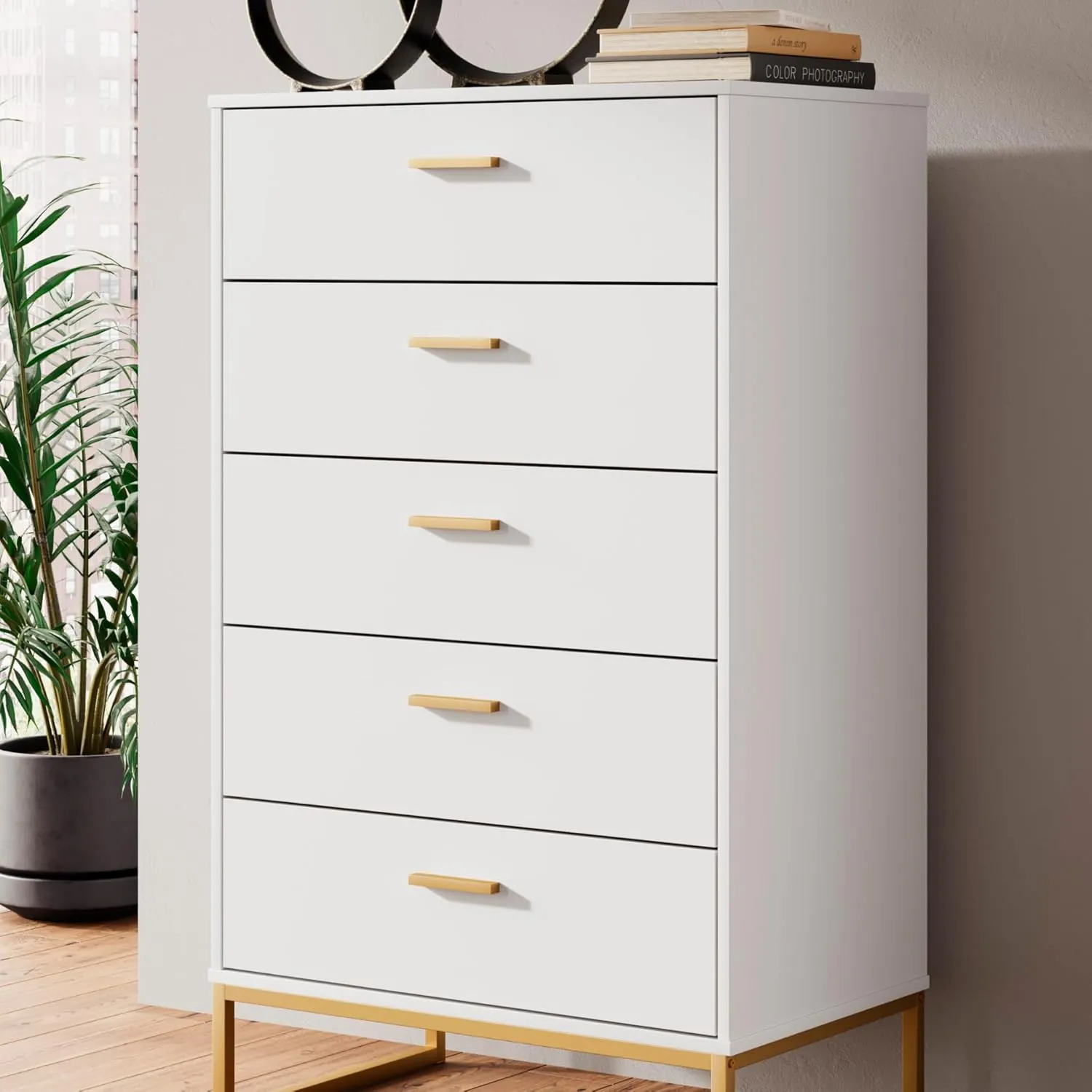 Signature Design by Ashley Socalle Modern 5-Drawer Chest of Drawers with Safety Stop, White & Metallic