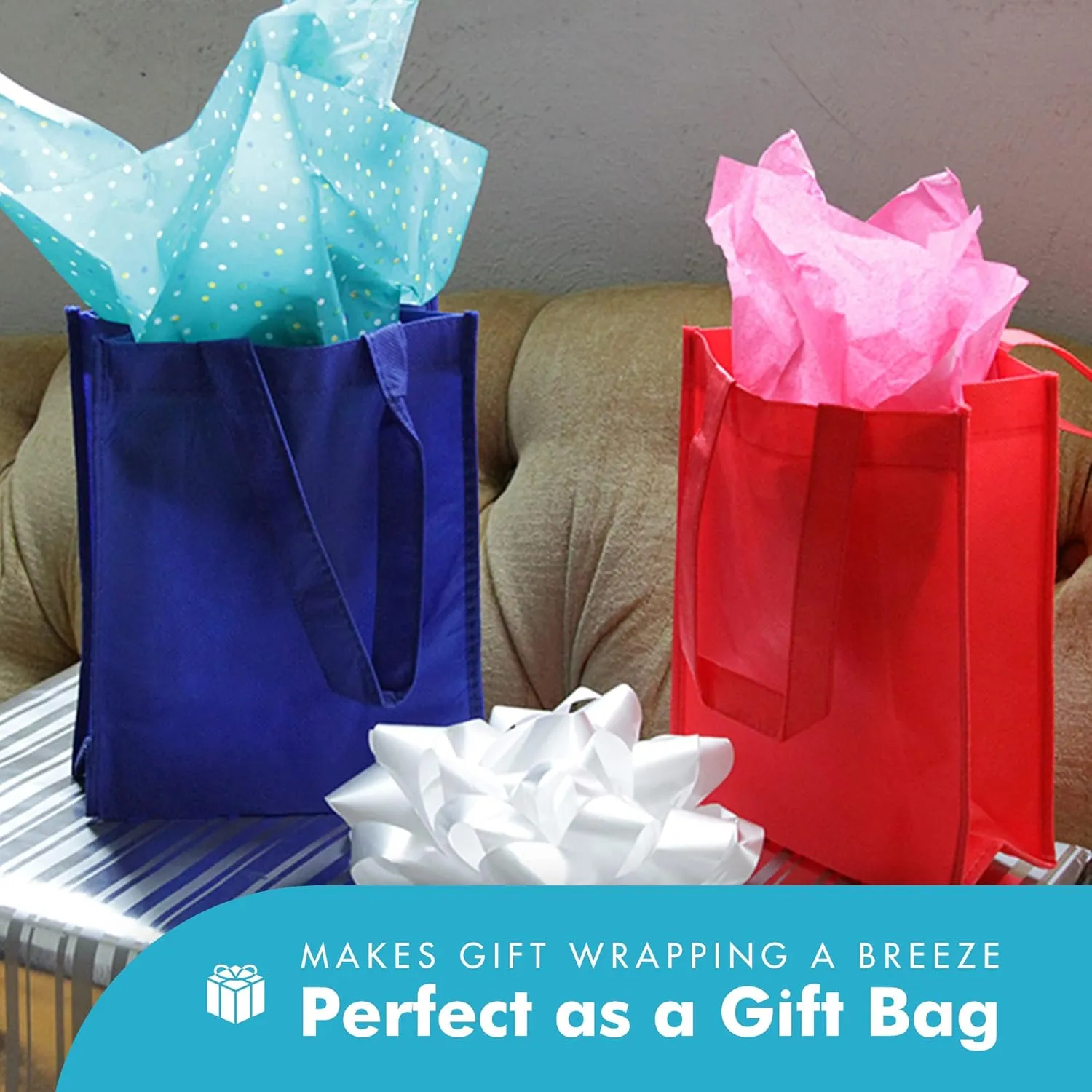 Simply Green Solutions - Plain Tote Bag, Thick Reusable Gift Bag with 16-Inch Handles, Use As Goodie Bags, Party Favor Bags, or Halloween Tote Bag, Royal Blue, Pack of 25