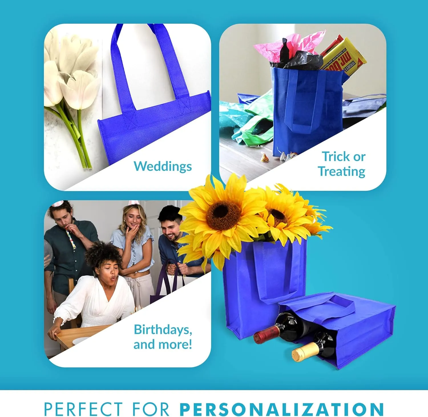 Simply Green Solutions - Plain Tote Bag, Thick Reusable Gift Bag with 16-Inch Handles, Use As Goodie Bags, Party Favor Bags, or Halloween Tote Bag, Royal Blue, Pack of 25